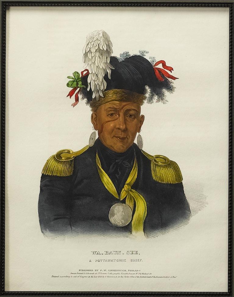 This is a remarkable lithographic portrait of Wa Baun See, a Pottawatomie Chief, from McKenney and Hall’s three-volume work, Indian Tribes of North America. This portrait was printed in 1838 and is paired with an antique Native American arrowhead.