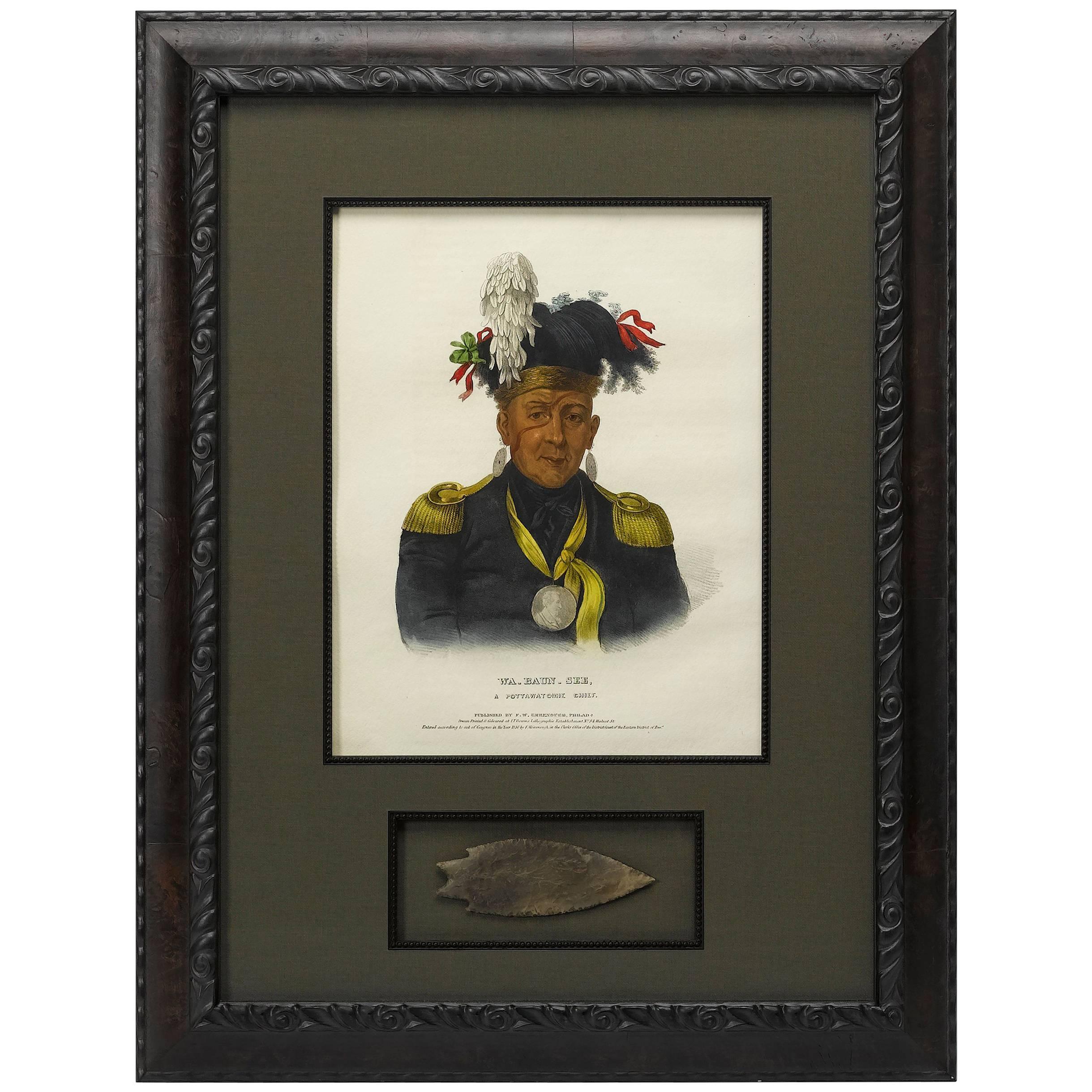 1838 Wa Baun See, A Pottawatomie Chief Lithograph with Antique Arrowhead