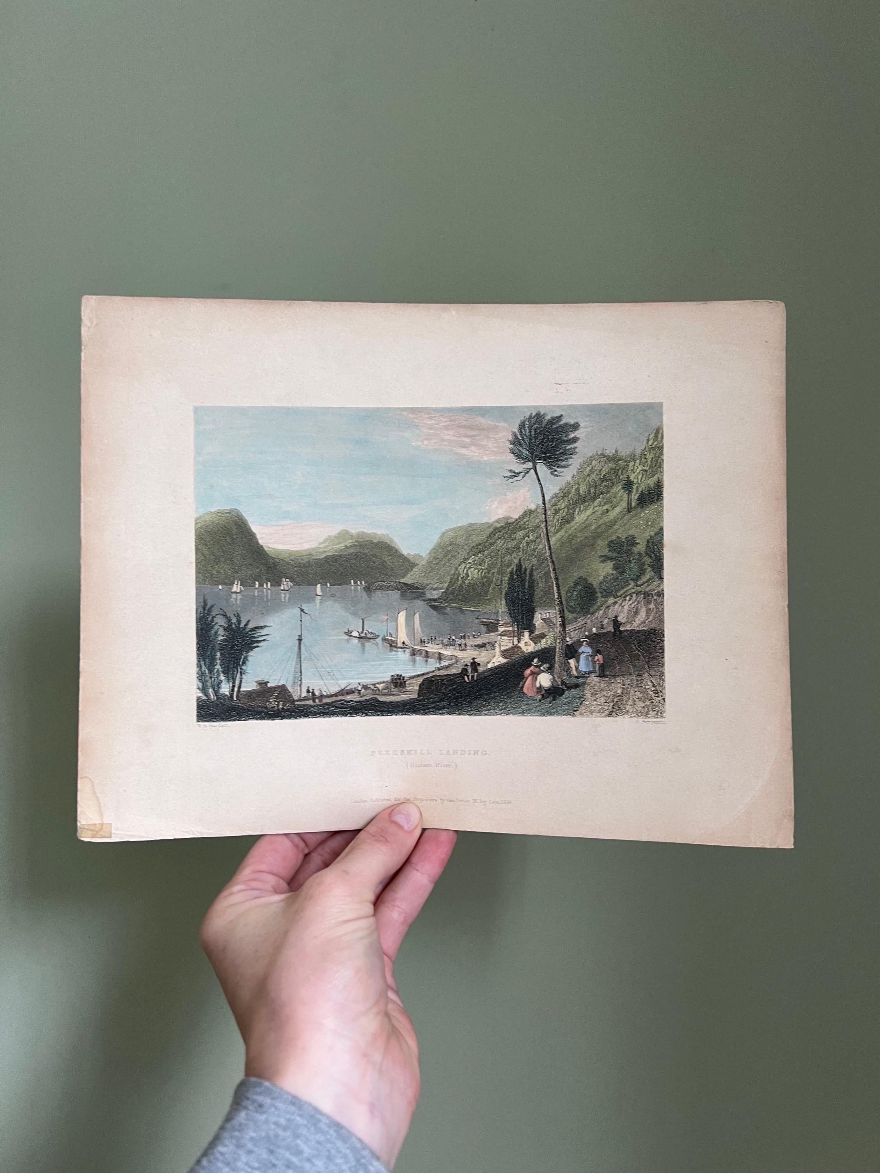 19th Century 1838 W.H. Bartlett Peekskill Landing Hudson River Hand Colored Engraving 