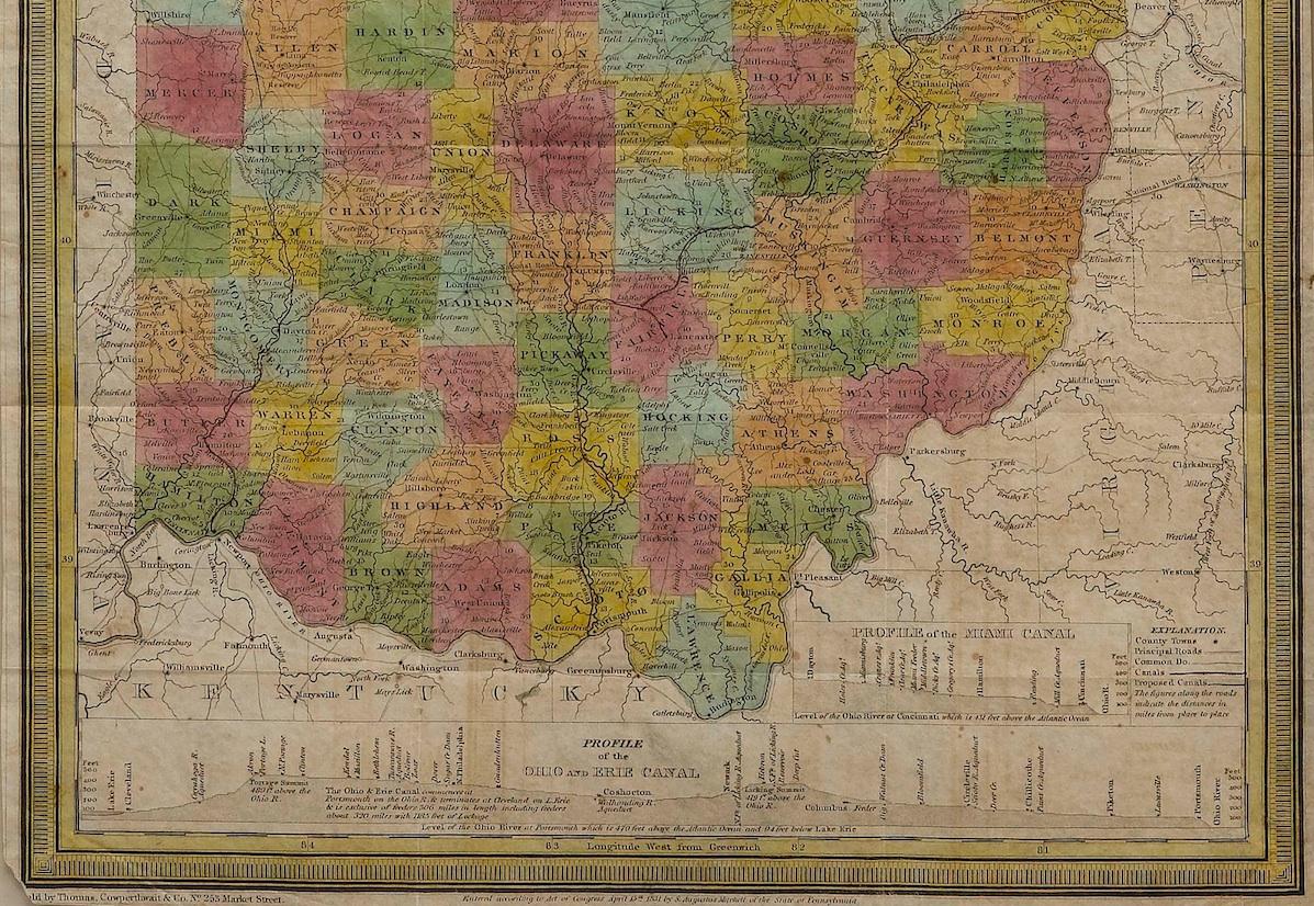 Presented is an early pocket map of Ohio, circa 1839. This map was produced by Samuel Augustus Mitchell as a reprint from the original of 1831; Mitchell's first pocket map of Ohio. This edition features various improvements to the first issue.

The