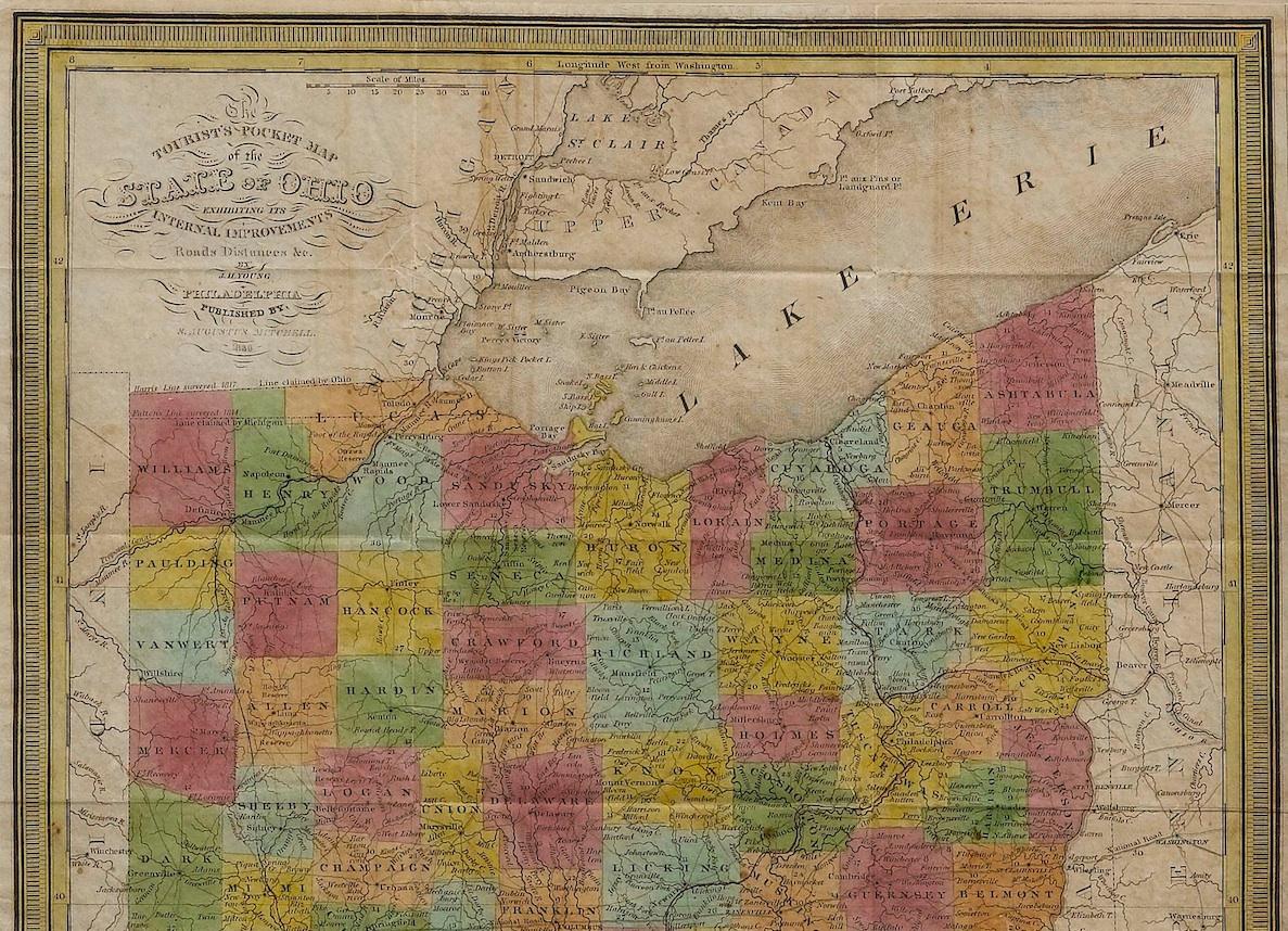 American 1839 Map of the State of Ohio, Antique Tourist's Pocket Map by J.H. Young