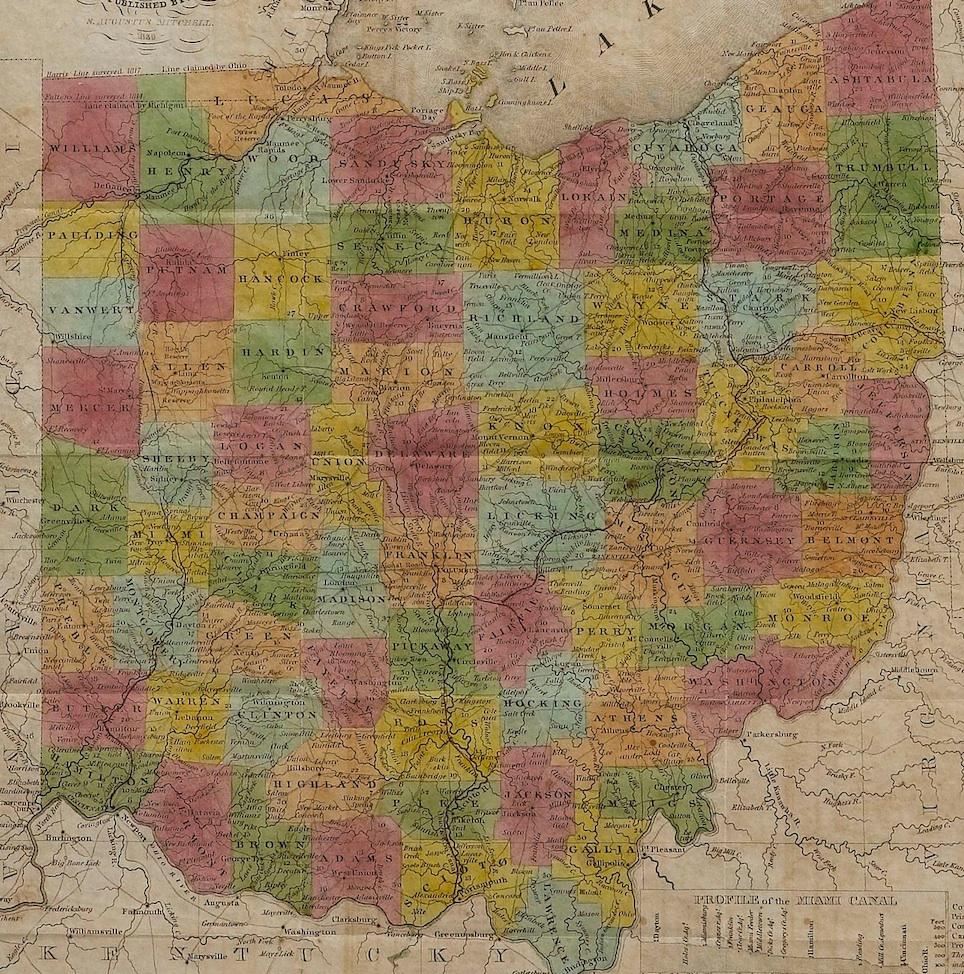 1839 Map of the State of Ohio, Antique Tourist's Pocket Map by J.H. Young In Good Condition In Colorado Springs, CO
