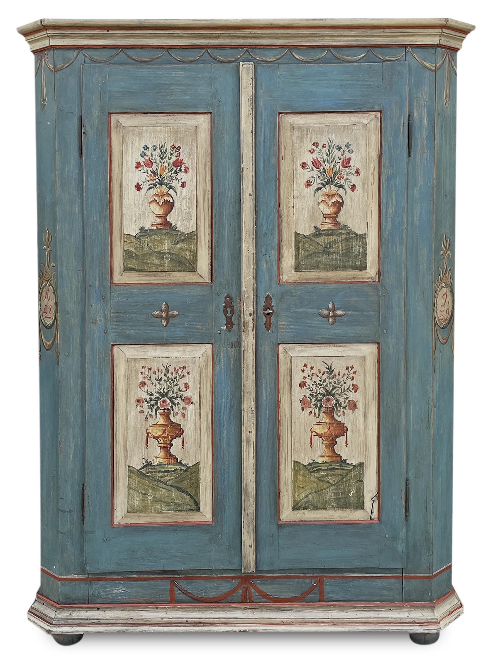 1839 Cabinet peint à fleurs bleues en vente 7
