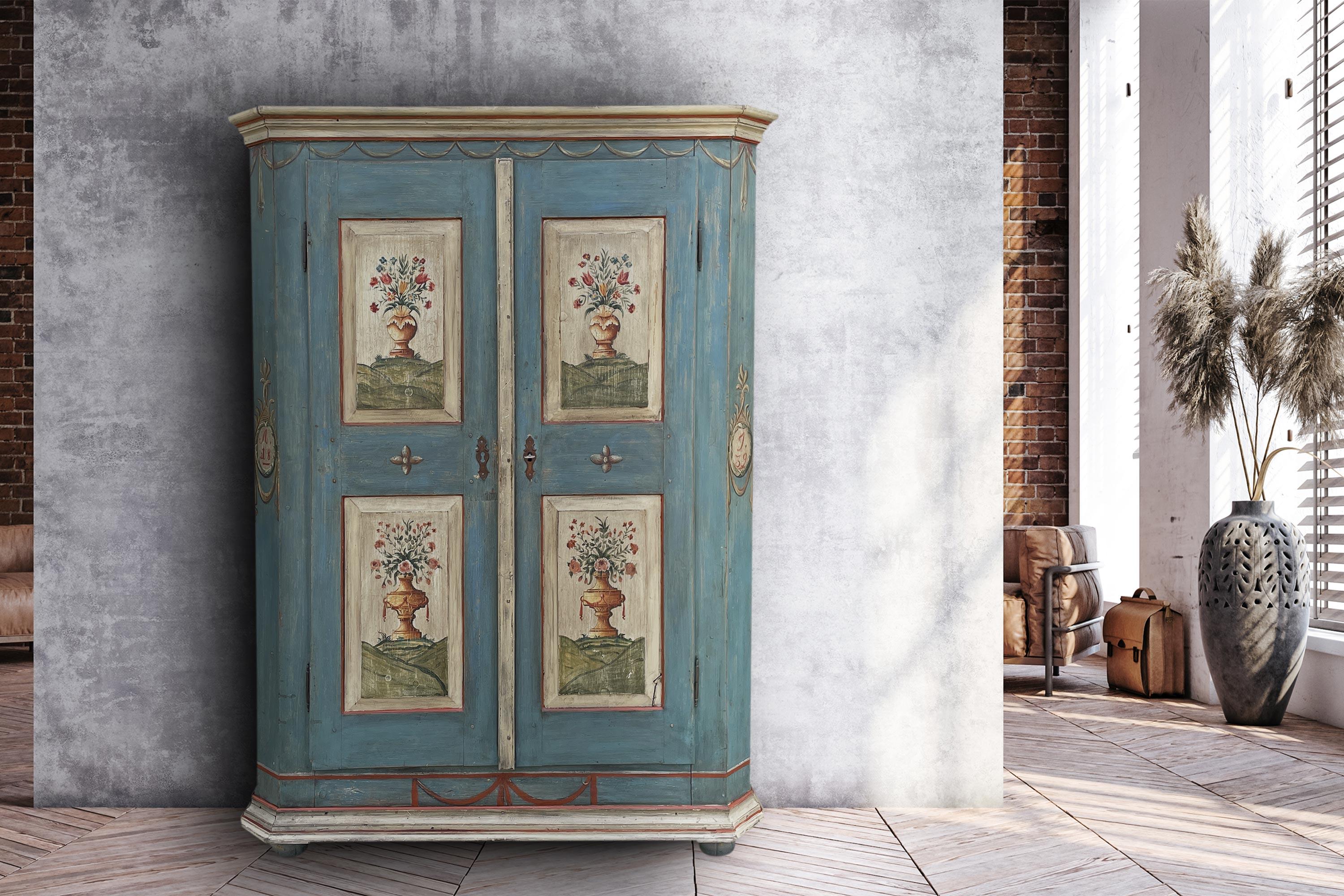 1839 Blue Floral Painted Cabinet For Sale 8