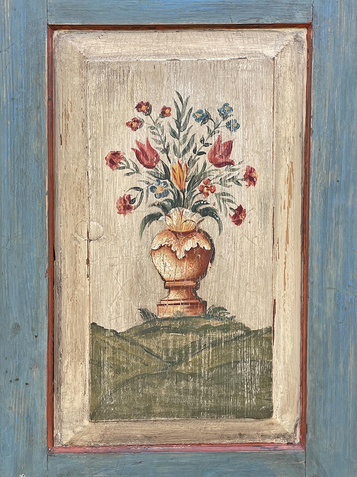 Hand-Carved 1839 Blue Floral Painted Cabinet For Sale