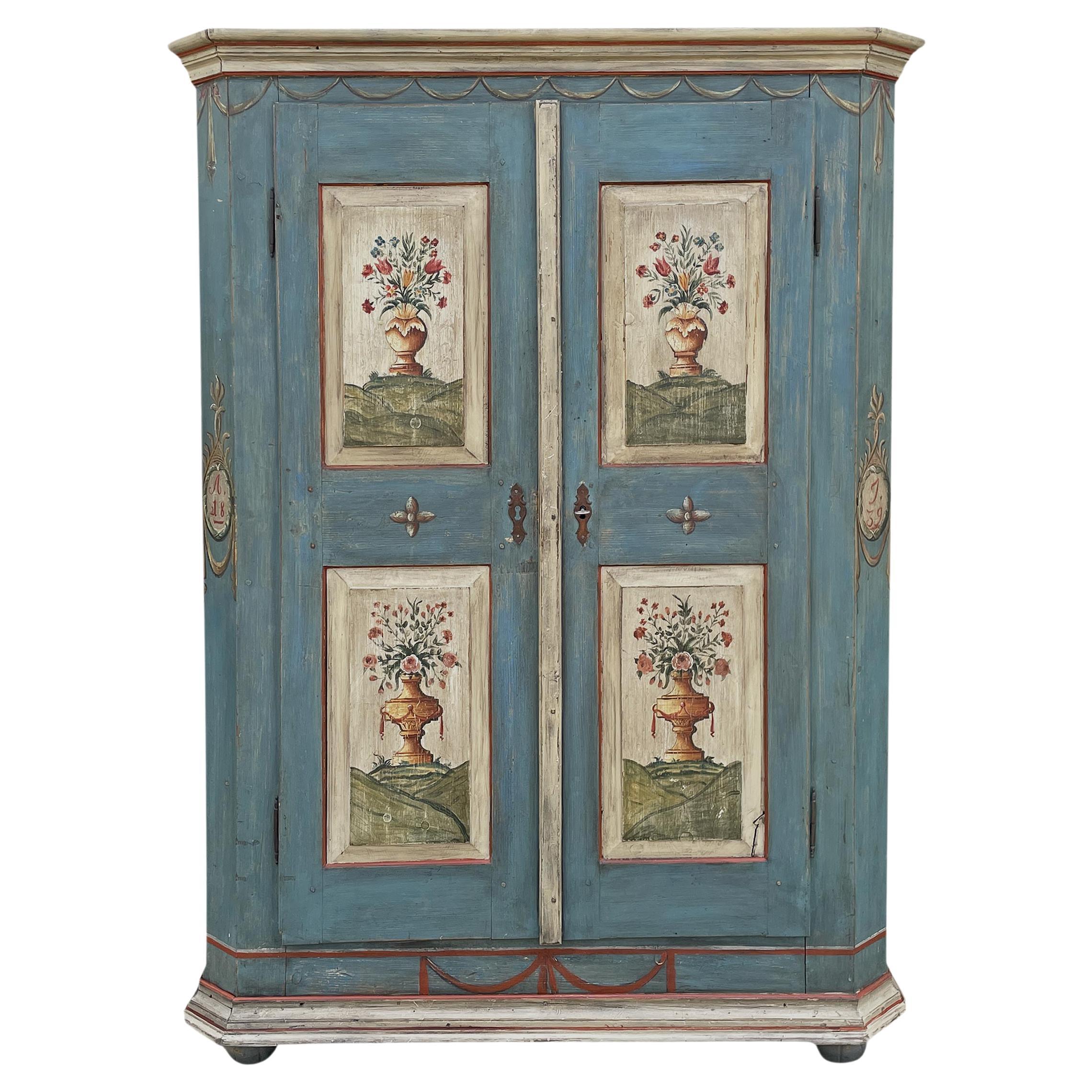1839 Blue Floral Painted Cabinet For Sale