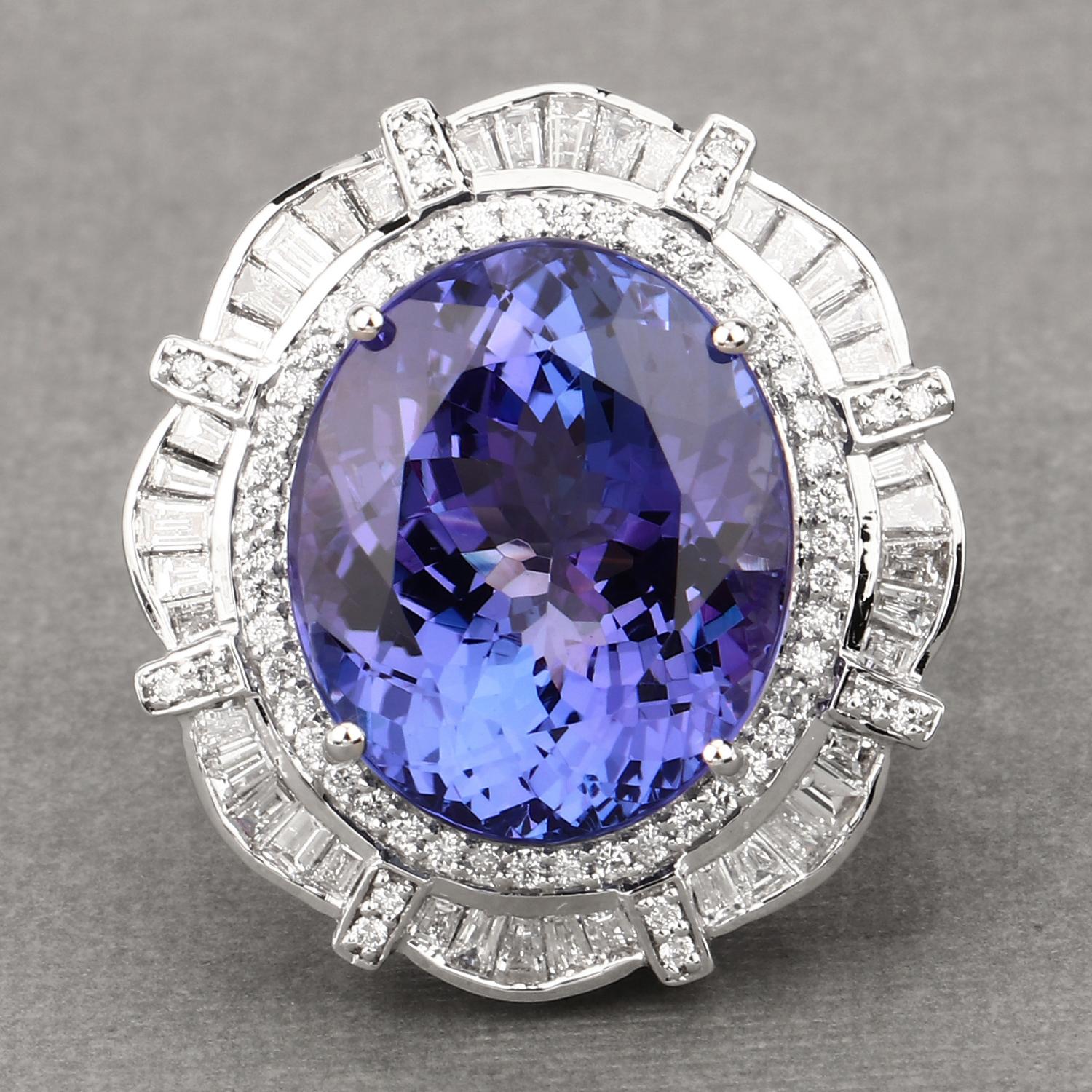 Women's 18.39 Carat Tanzanite and Diamond 18 Karat White Gold Cocktail Ring