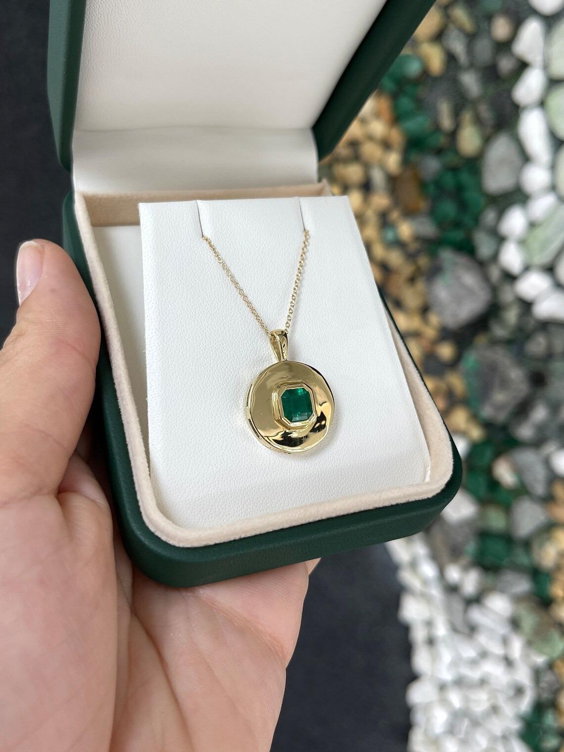 1.83ct 14K Rich Dark Green Solitaire Asscher Cut Emerald Bezel Set Gold Pendant In New Condition For Sale In Jupiter, FL