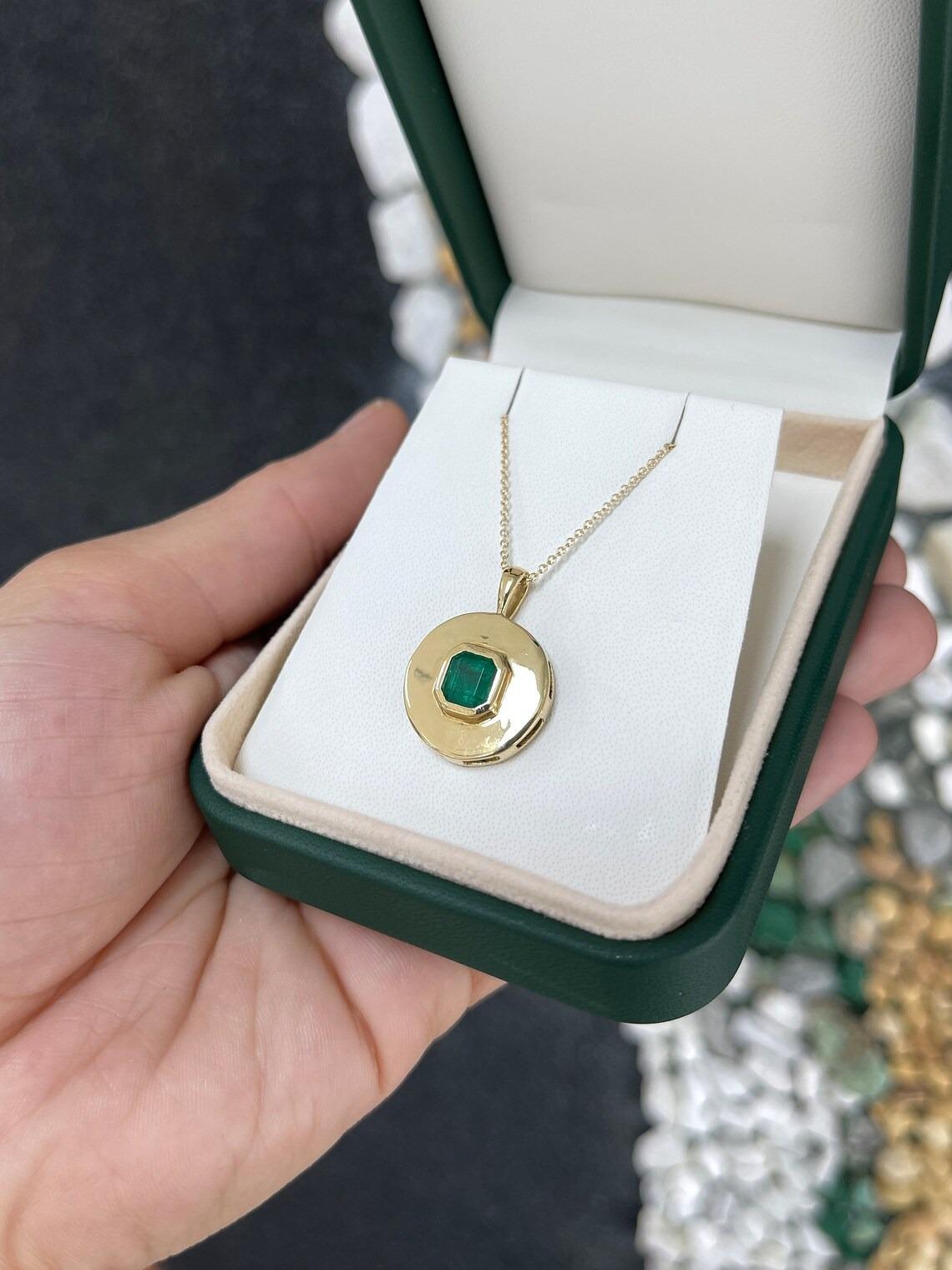 Women's or Men's 1.83ct 14K Rich Dark Green Solitaire Asscher Cut Emerald Bezel Set Gold Pendant For Sale