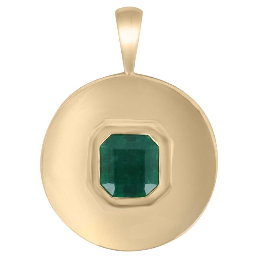 1.83ct 14K Rich Dark Green Solitaire Asscher Cut Emerald Bezel Set Gold Pendant For Sale