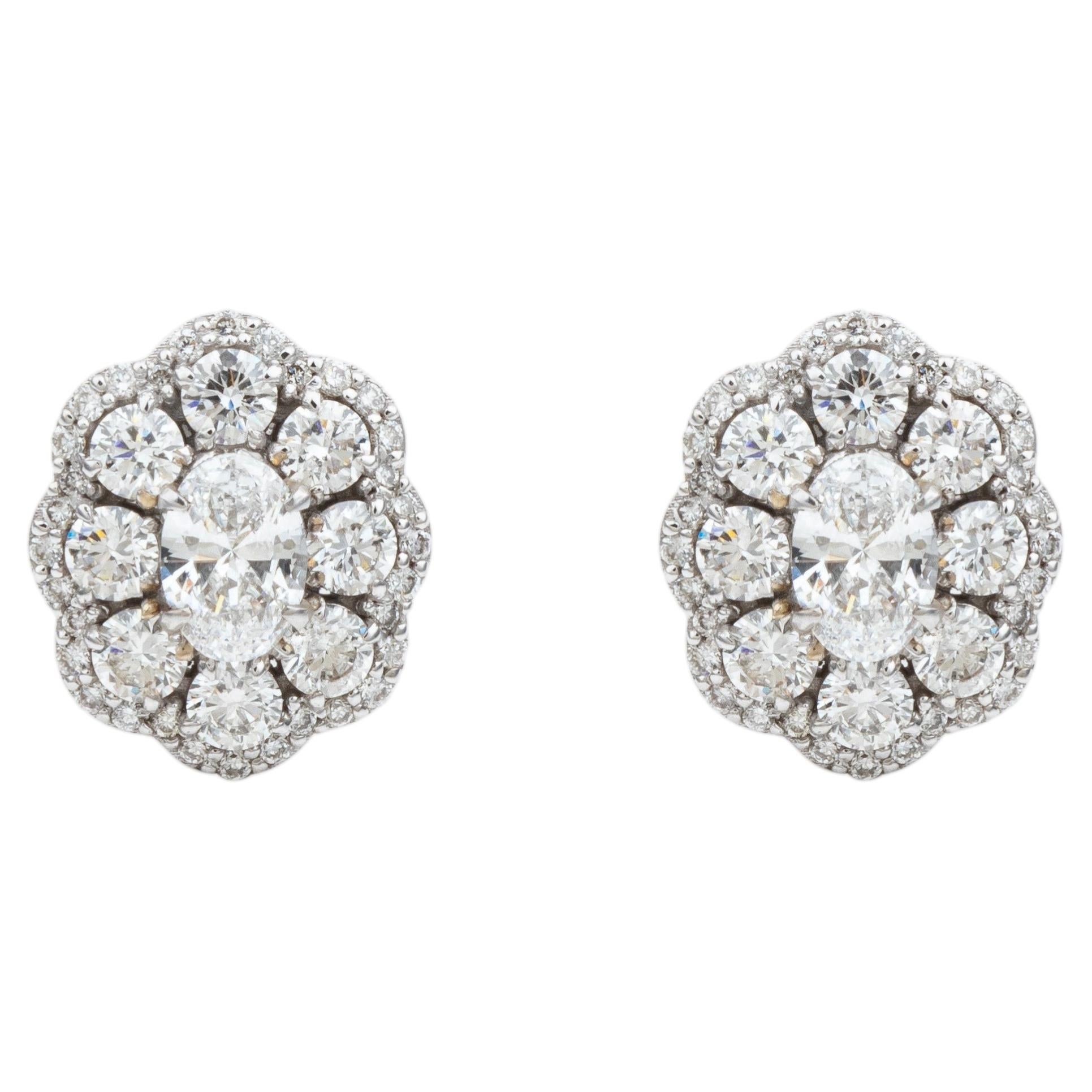 1.83CT Brilliant Cut Diamond Scalloped Double Halo Cluster Stud Earrings in Gold