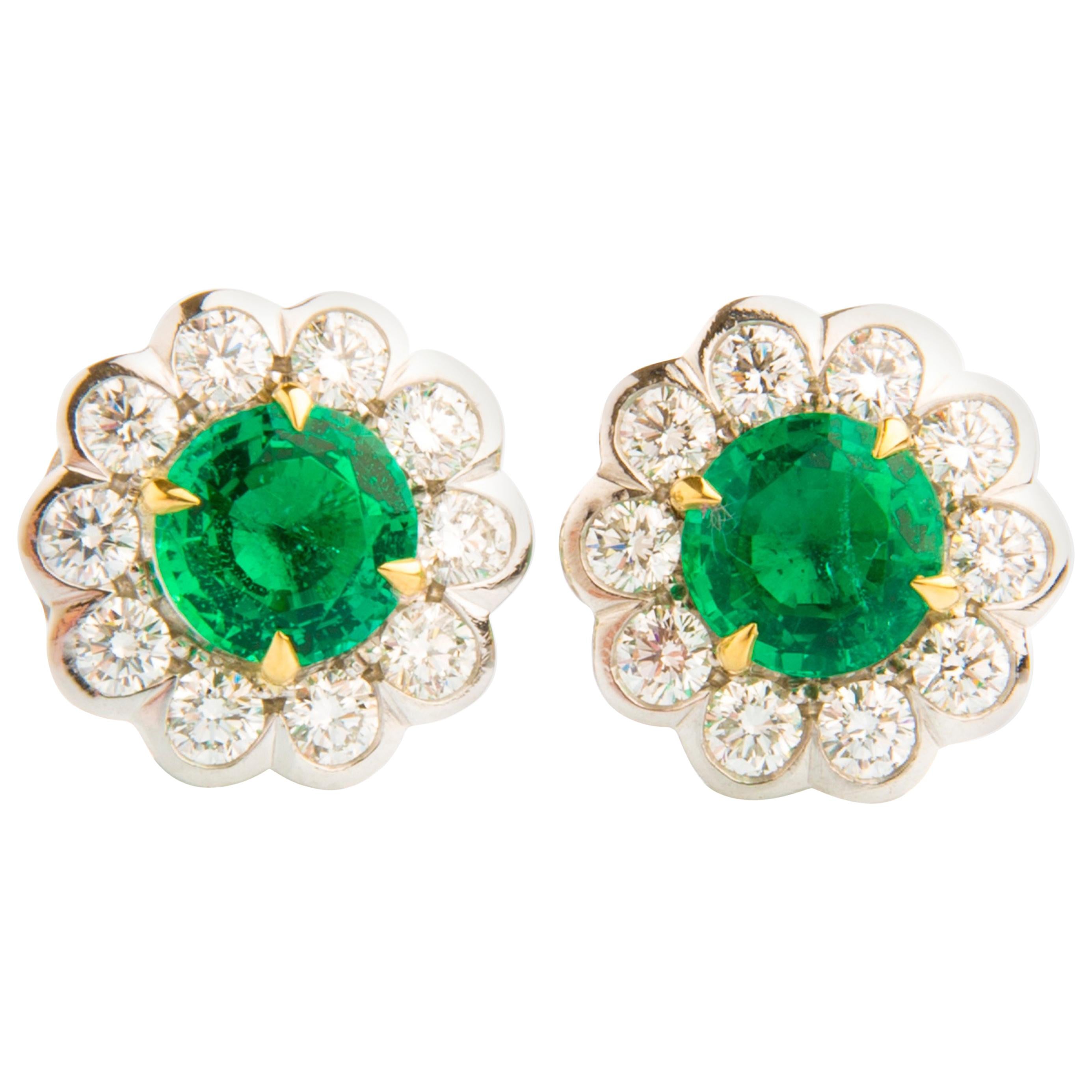 1.83ct Emerald and 1.13ct Diamond Flower Shaped Earrings in 18K White Gold For Sale