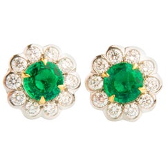 1.83ct Emerald and 1.13ct Diamond Flower Shaped Earrings in 18K White Gold