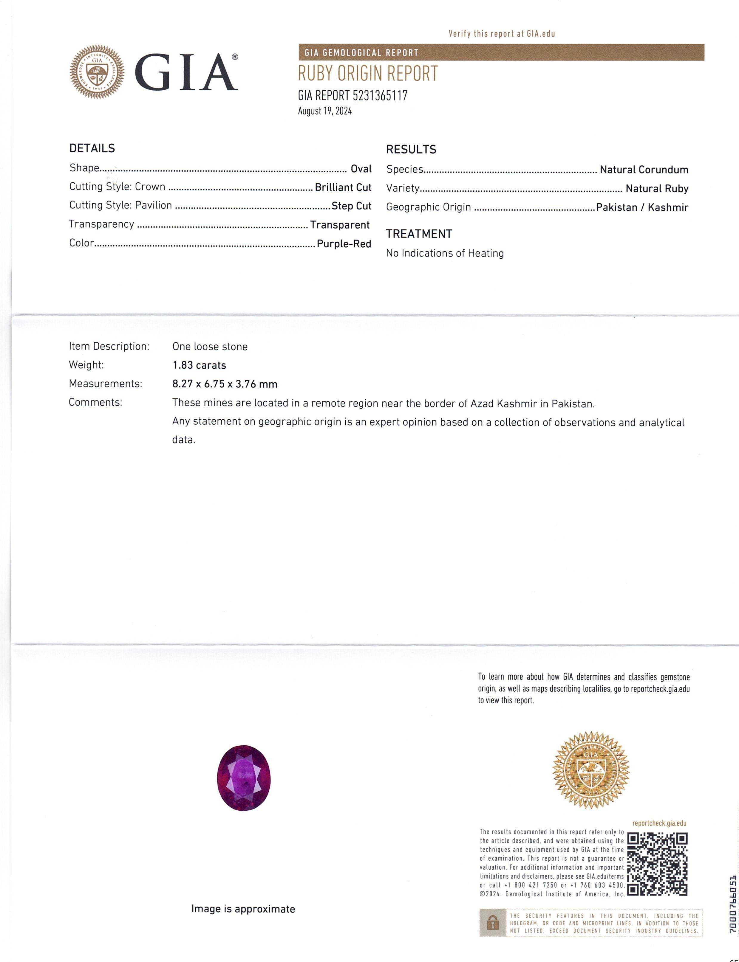 1.83ct Oval Purple-Red Ruby GIA Certified  Pakistan / Kashmir, Unheated In New Condition For Sale In Toronto, Ontario