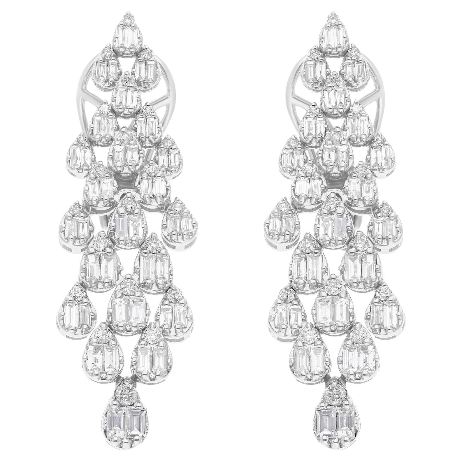 1.83ct SI/H Round Baguette Diamond Cluster Dangle Earrings 14 Karat White Gold