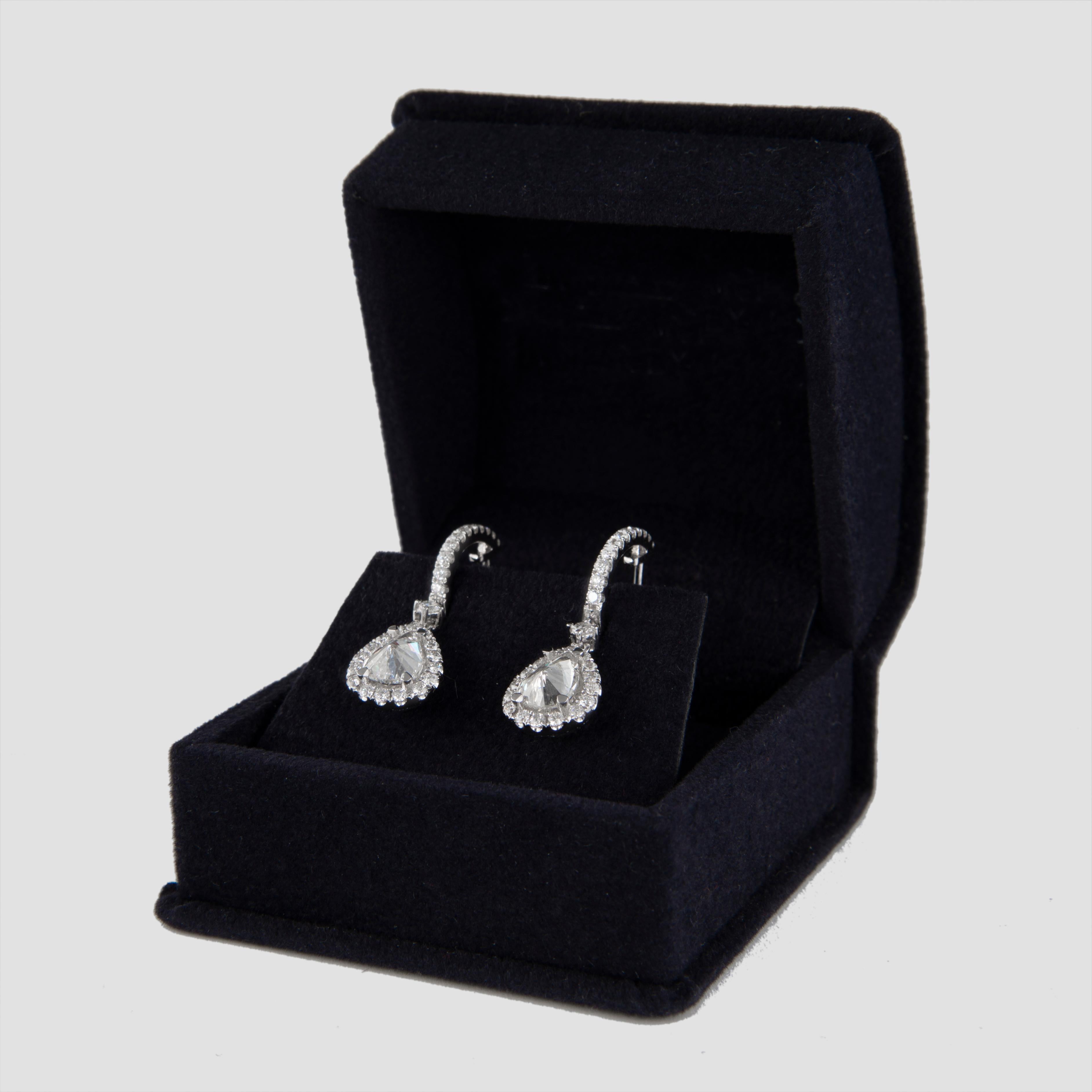 Contemporary 1.83ct Upside-Down Old Mind Pear Diamond Drop Earrings with Halo 18k White Gold For Sale