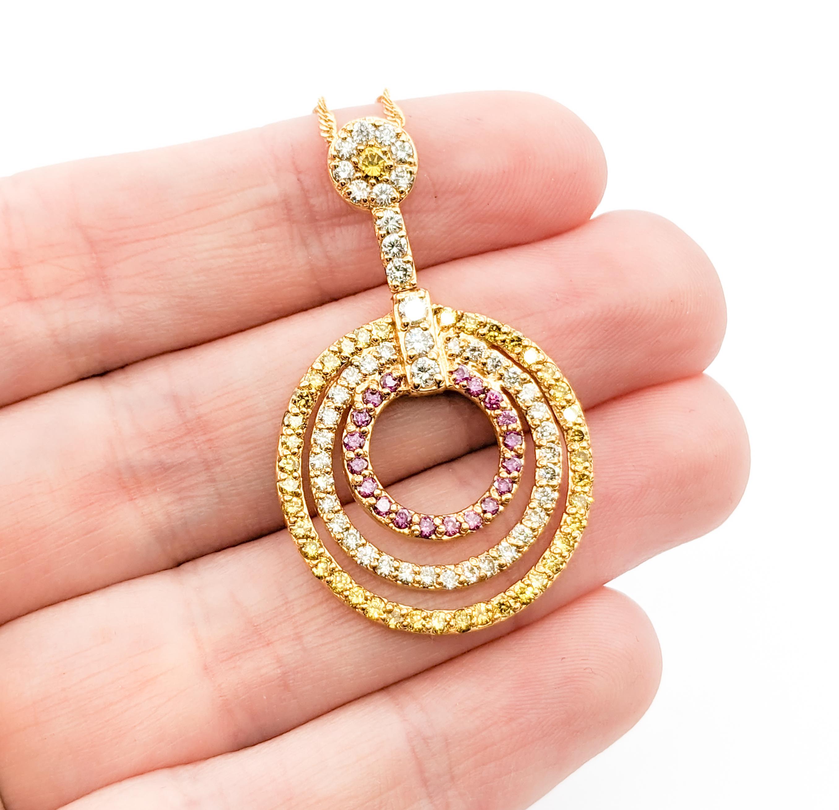 Round Cut 1.83ctw Diamond Concentric Circle Pendant Necklace in Yellow Gold For Sale