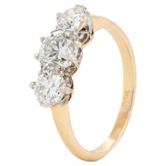 1.84 Carat Antique Three Stone Transitional-Cut Diamond and 18 Carat Gold Ring