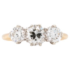 1.84 Carat Antique Three Stone Transitional-Cut Diamond and 18 Carat Gold Ring