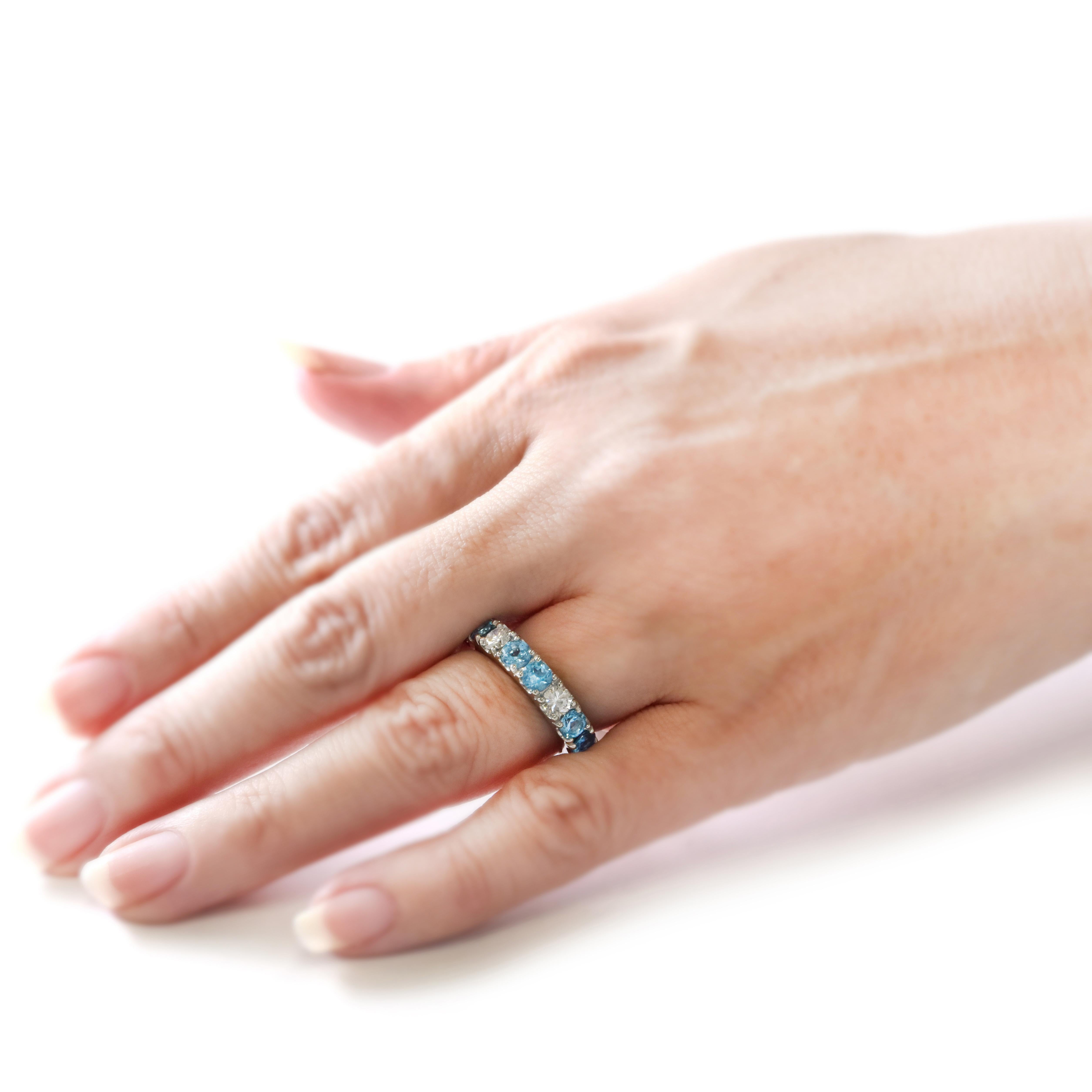 Modern 1.84 Carat BlueTopaz and Diamond Half-Eternity Ring Made in Platinum