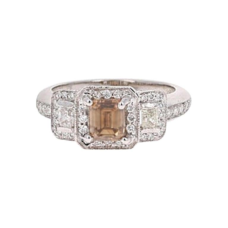 1.84 Carat Champagne Diamond Three-Stone Engagement Ring 18 Karat White Gold For Sale