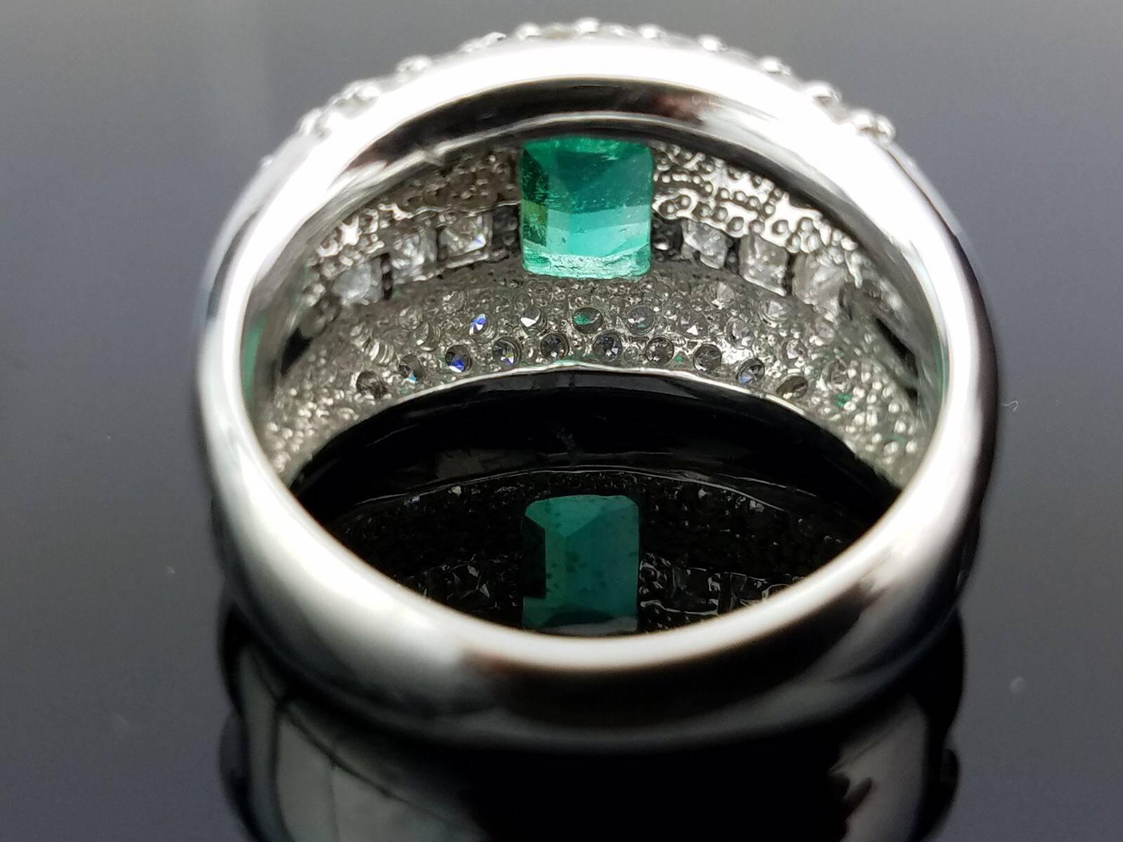 Emerald Cut 1.84 Carat Colombian Emerald Cocktail Ring in Platinum For Sale