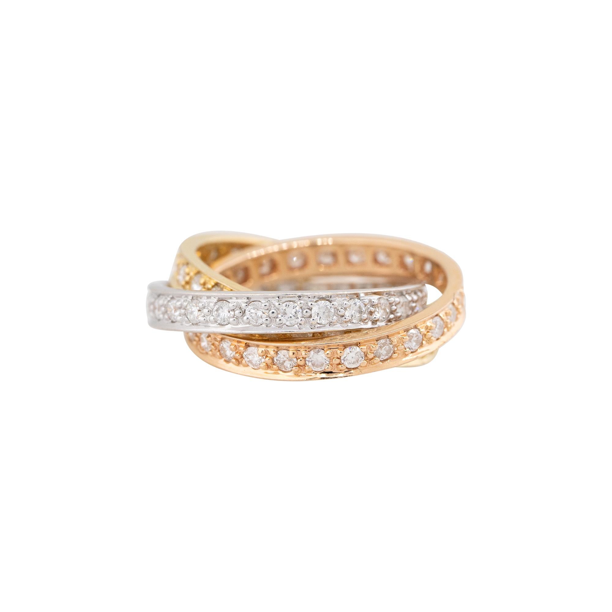 18k Tri-Color Gold 1.84ctw Diamond Rolling Ring
Product: Rolling Ring Set of 3 (all attached)
Material: 18k White Gold, 18k Rose Gold, 18k Yellow Gold
Diamond Details: There are approximately 1.84 carats of Round Brilliant cut diamonds (78