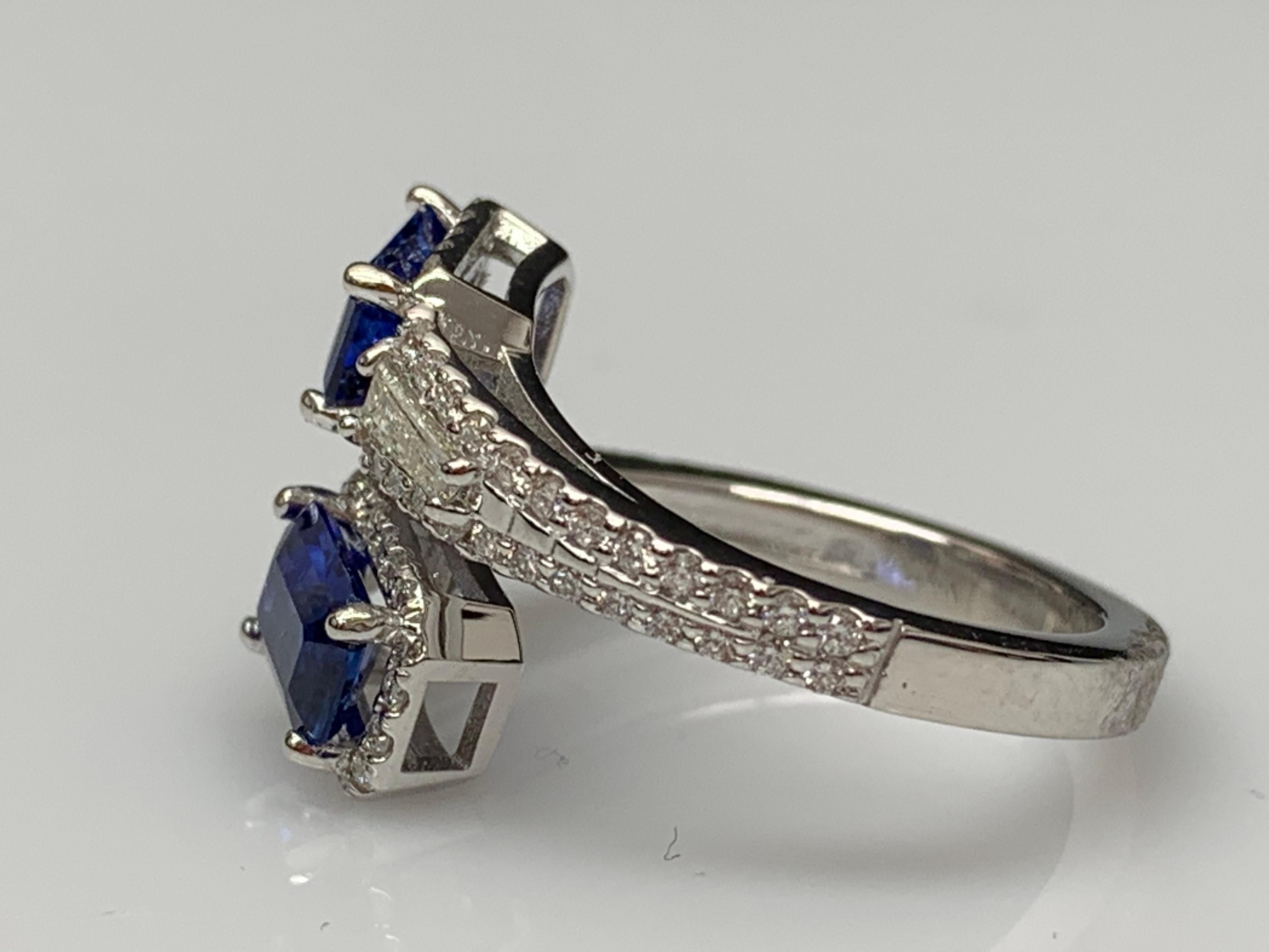 1.84 Carat Emerald Cut Sapphire Diamond Toi et Moi Engagement Ring 14K WhiteGold For Sale 2
