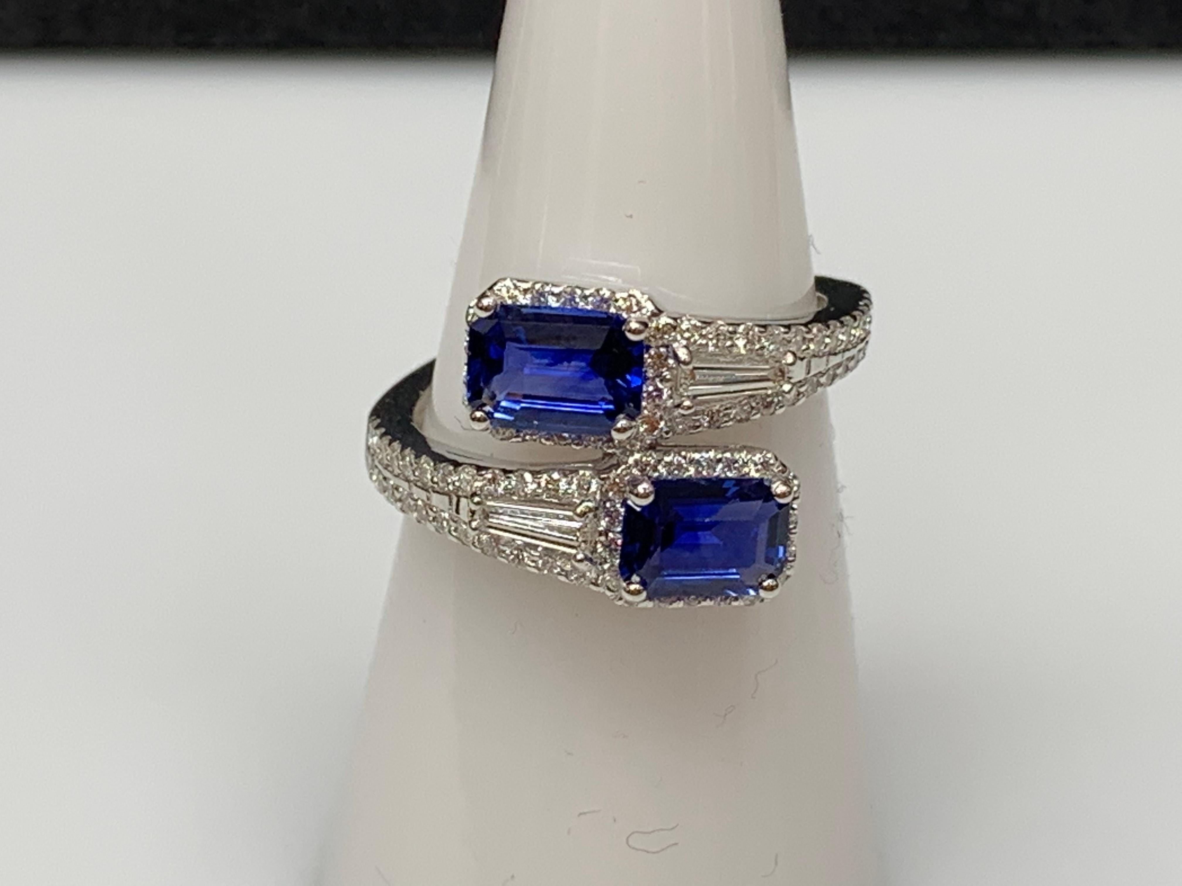 1.84 Carat Emerald Cut Sapphire Diamond Toi et Moi Engagement Ring 14K WhiteGold For Sale 4
