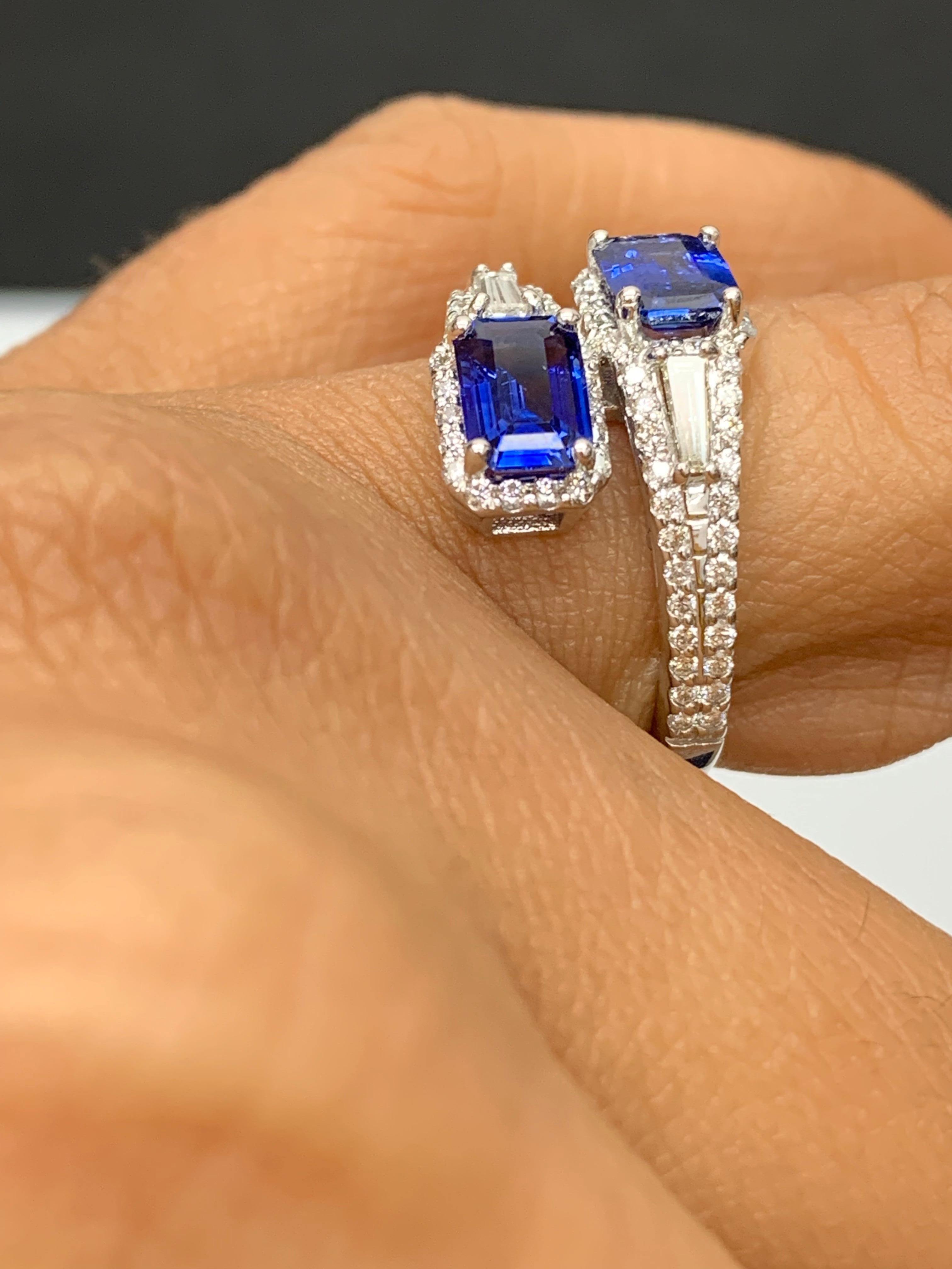 Modern 1.84 Carat Emerald Cut Sapphire Diamond Toi et Moi Engagement Ring 14K WhiteGold For Sale