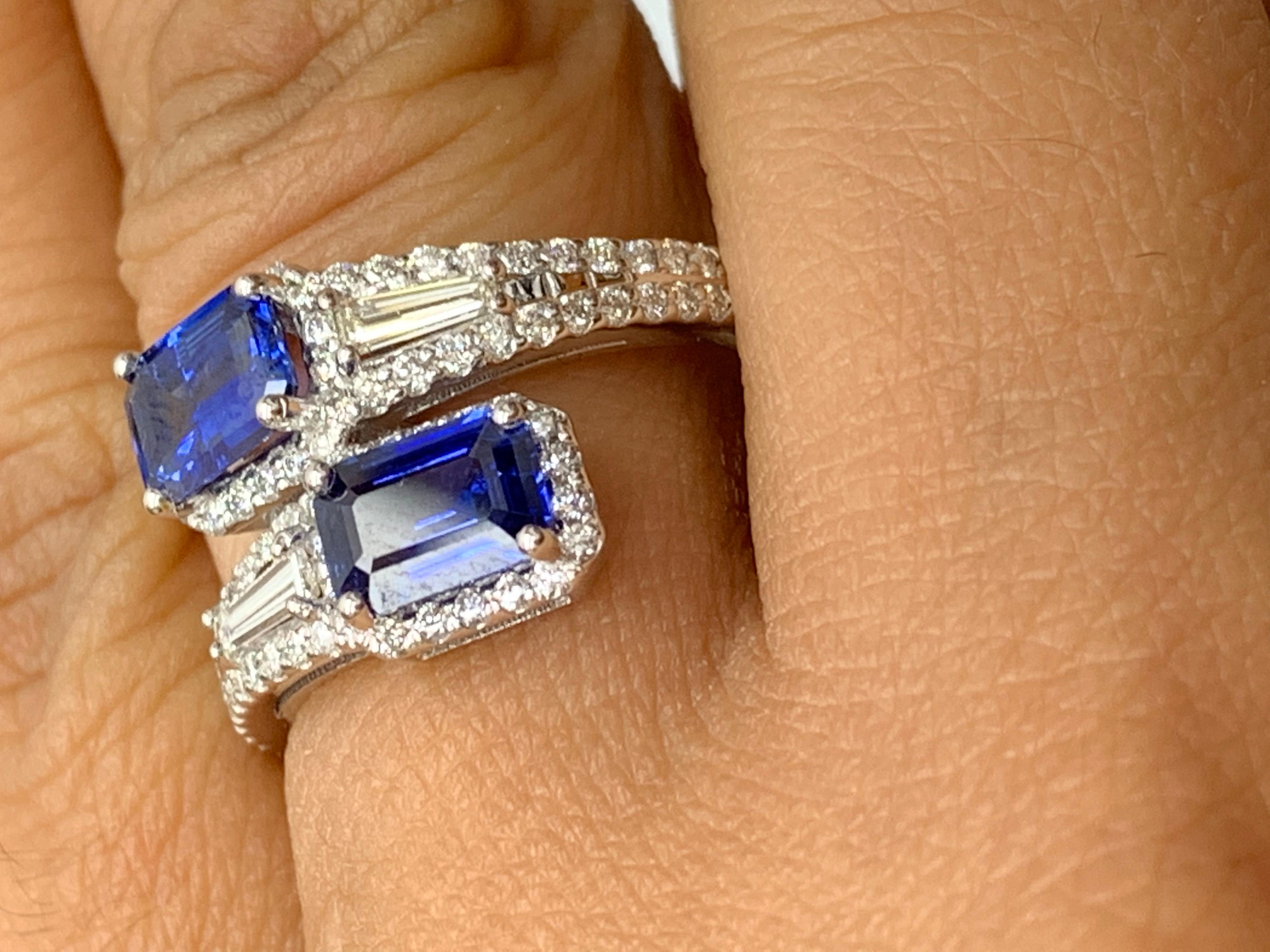 Women's 1.84 Carat Emerald Cut Sapphire Diamond Toi et Moi Engagement Ring 14K WhiteGold For Sale