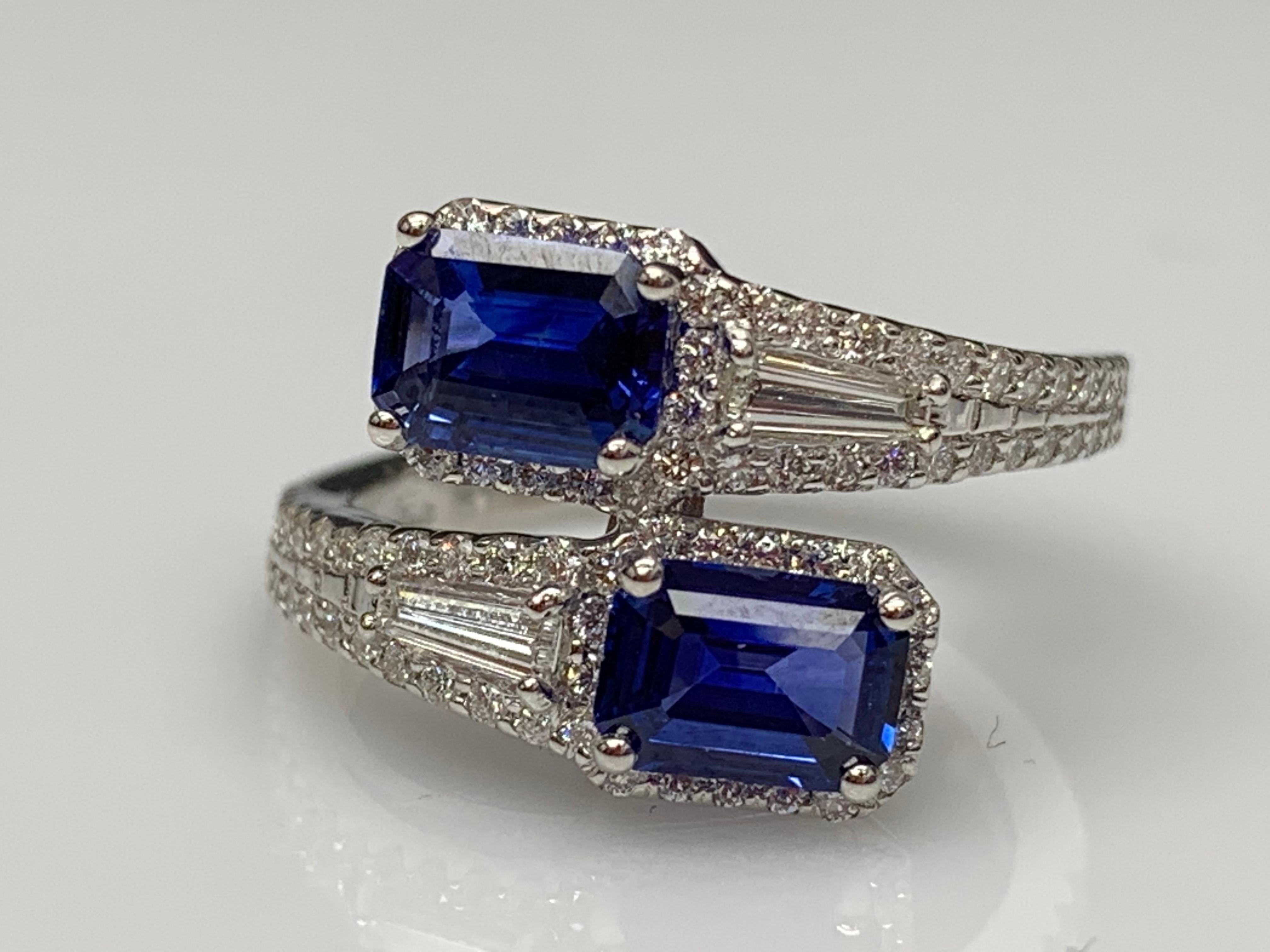 1.84 Carat Emerald Cut Sapphire Diamond Toi et Moi Engagement Ring 14K WhiteGold For Sale 1