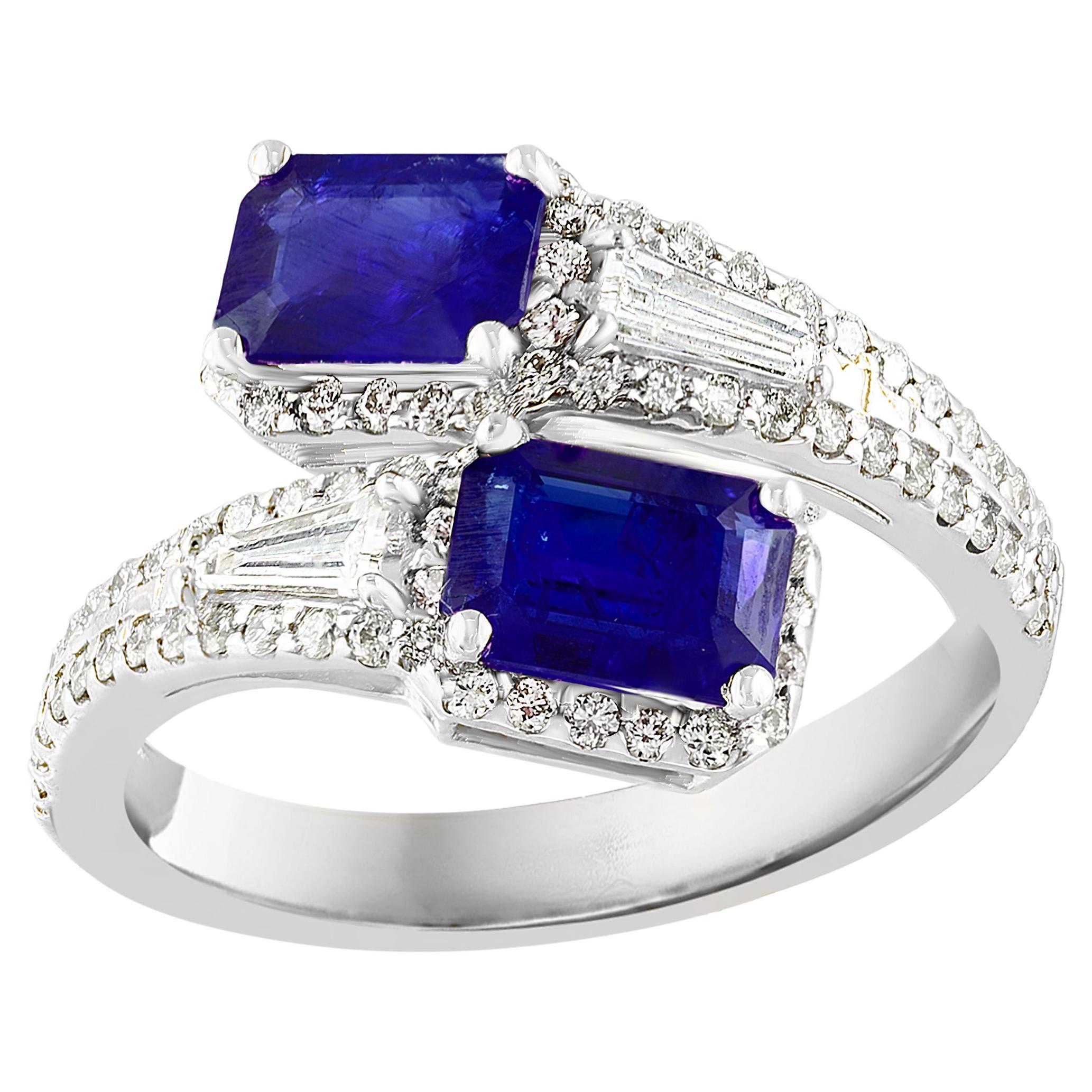 1.84 Carat Emerald Cut Sapphire Diamond Toi et Moi Engagement Ring 14K WhiteGold
