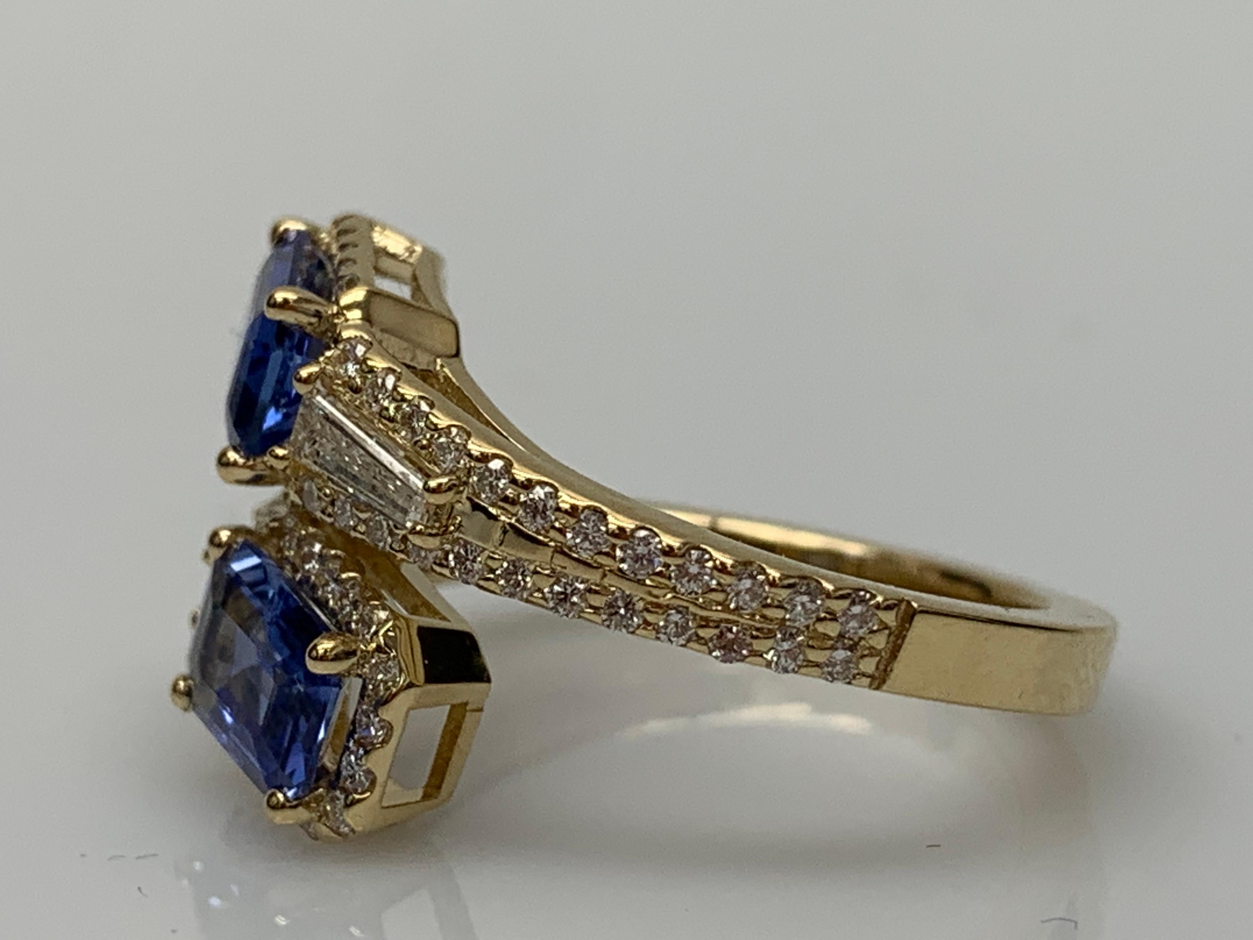 1.84 Carat EmeraldCut Sapphire Diamond Toi Et Moi Engagement Ring 14K YellowGold For Sale 1