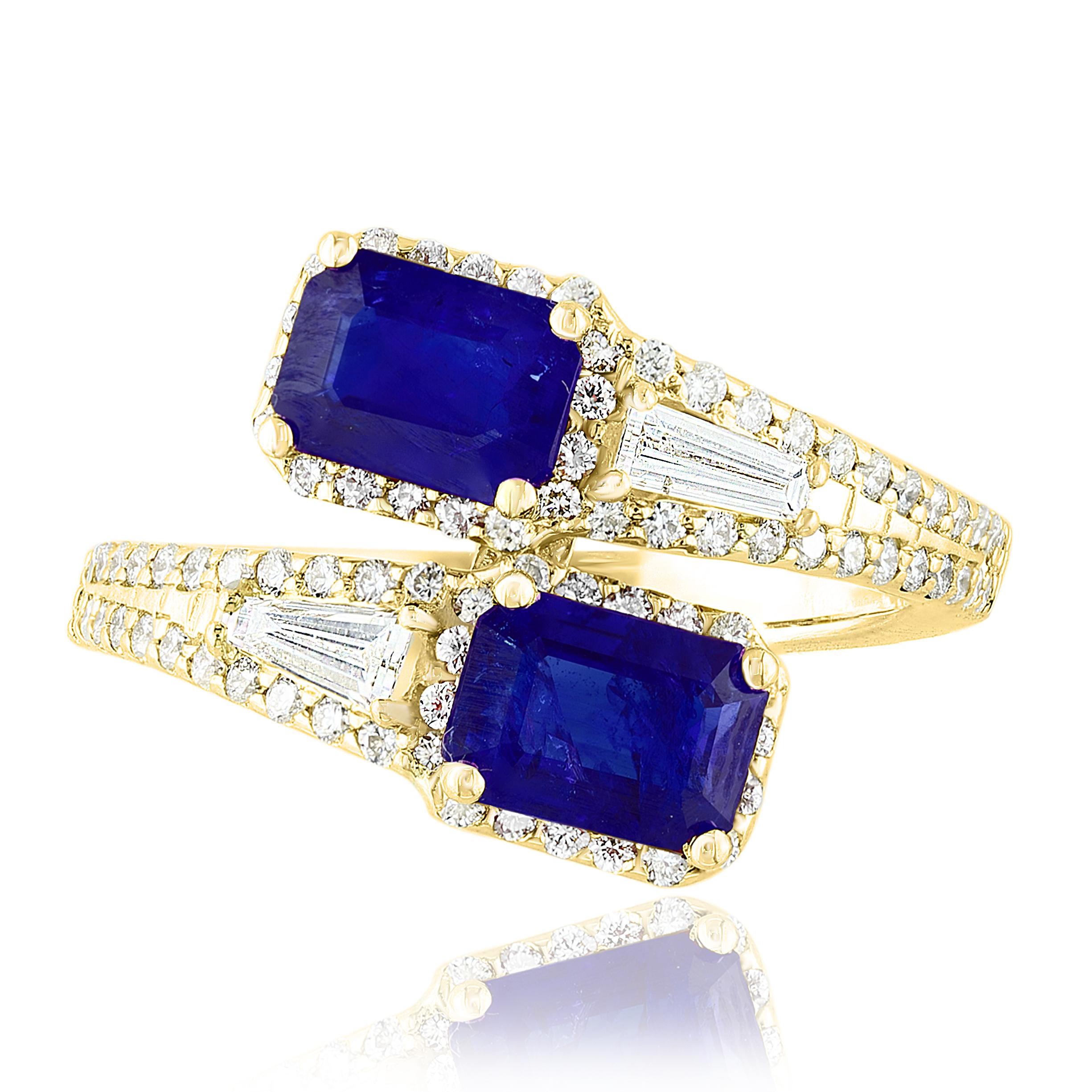 The stunning forever-together Toi et Moi ring features 2 Emerald cut Sapphires embraced by east to west 2 baguette diamonds weigh and 84 round diamonds halfway to the shank. Handcrafted in 14k Yellow Gold.
2 emerald cut Sapphires in the center weigh