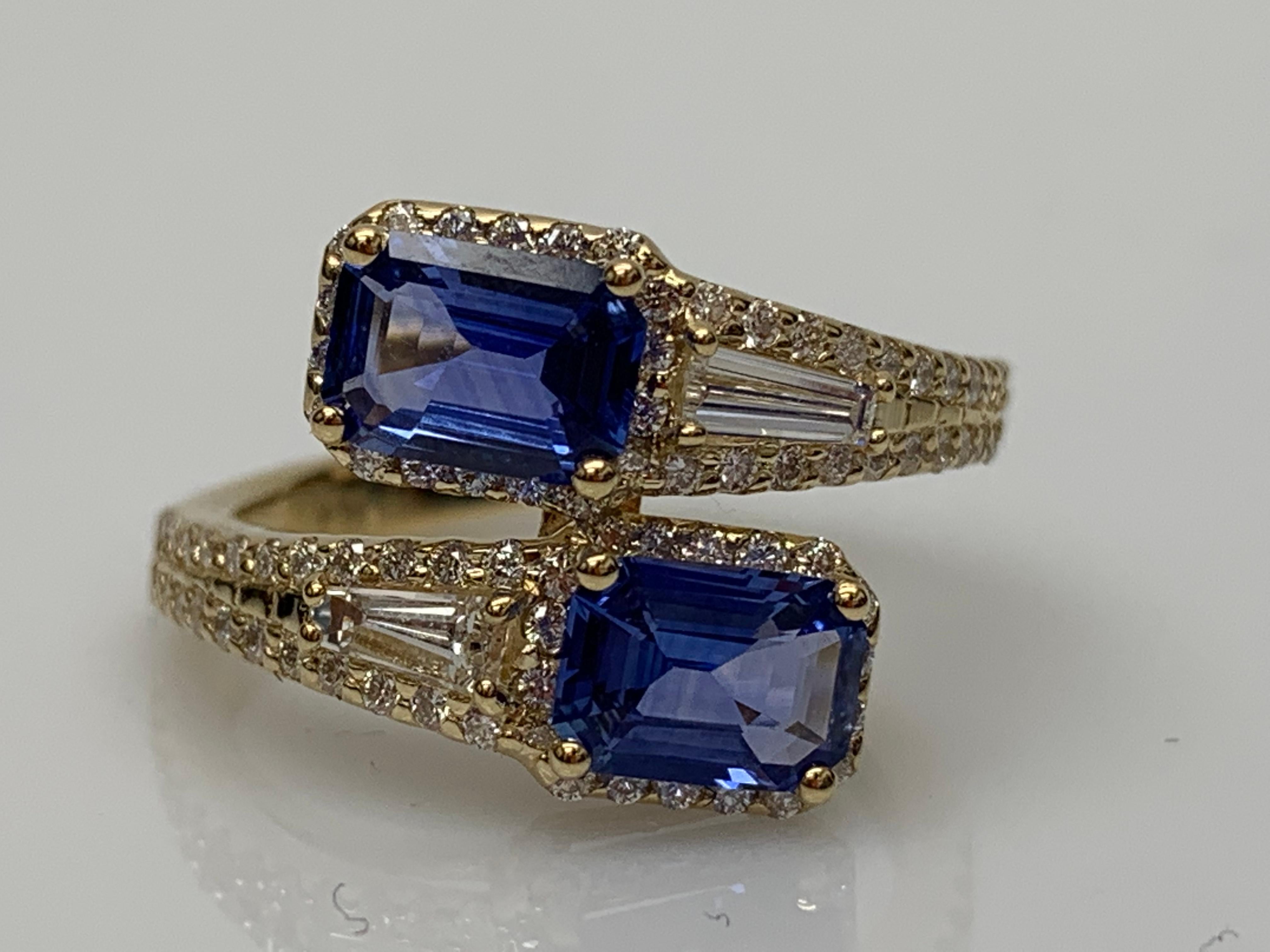 Women's 1.84 Carat EmeraldCut Sapphire Diamond Toi Et Moi Engagement Ring 14K YellowGold For Sale