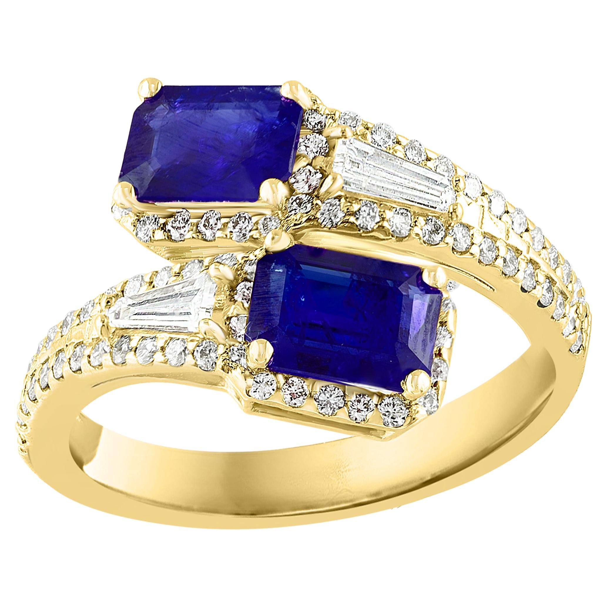 1.84 Carat EmeraldCut Sapphire Diamond Toi Et Moi Engagement Ring 14K YellowGold