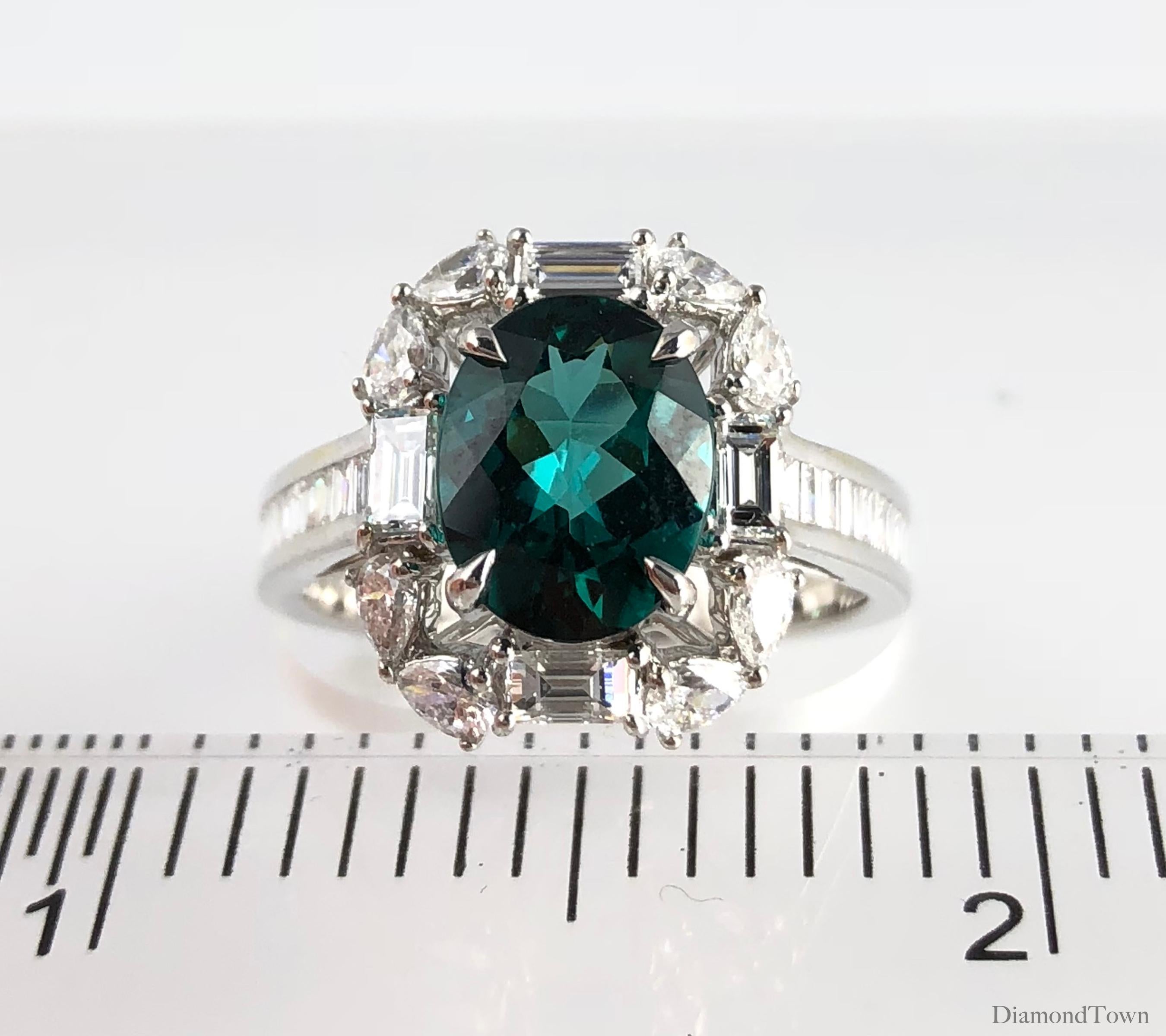 Oval Cut Diamond Town 1.84 Carat Exotic Green Tourmaline and Diamond Cluster Ring