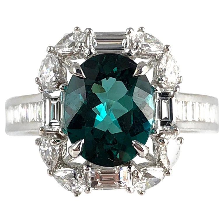 1.84 Carat Exotic Green Tourmaline and Diamond Cluster Ring in 18 Karat ...
