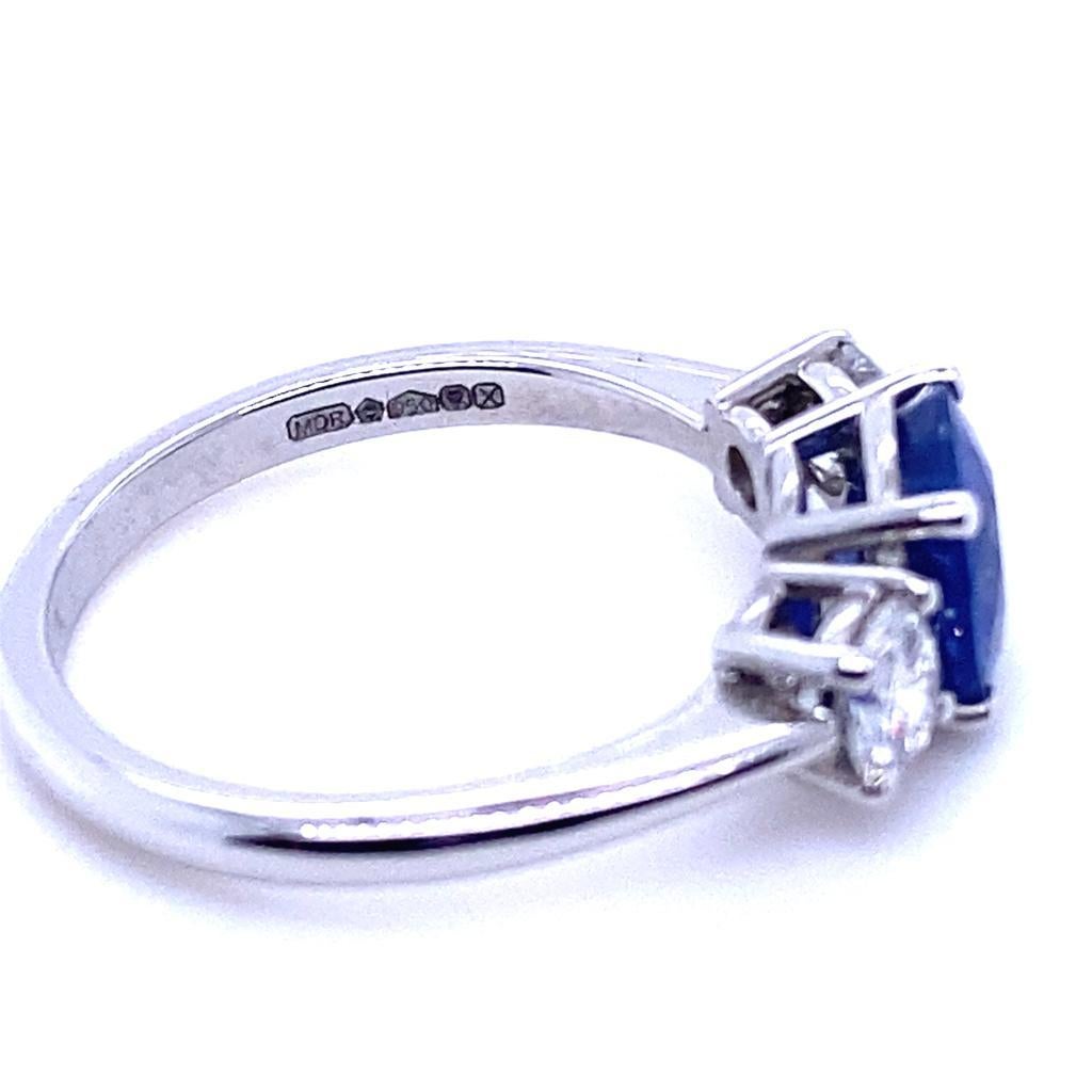 1.84 Carat Kashmir Sapphire and Diamond Three Stone Platinum Engagement Ring For Sale 1
