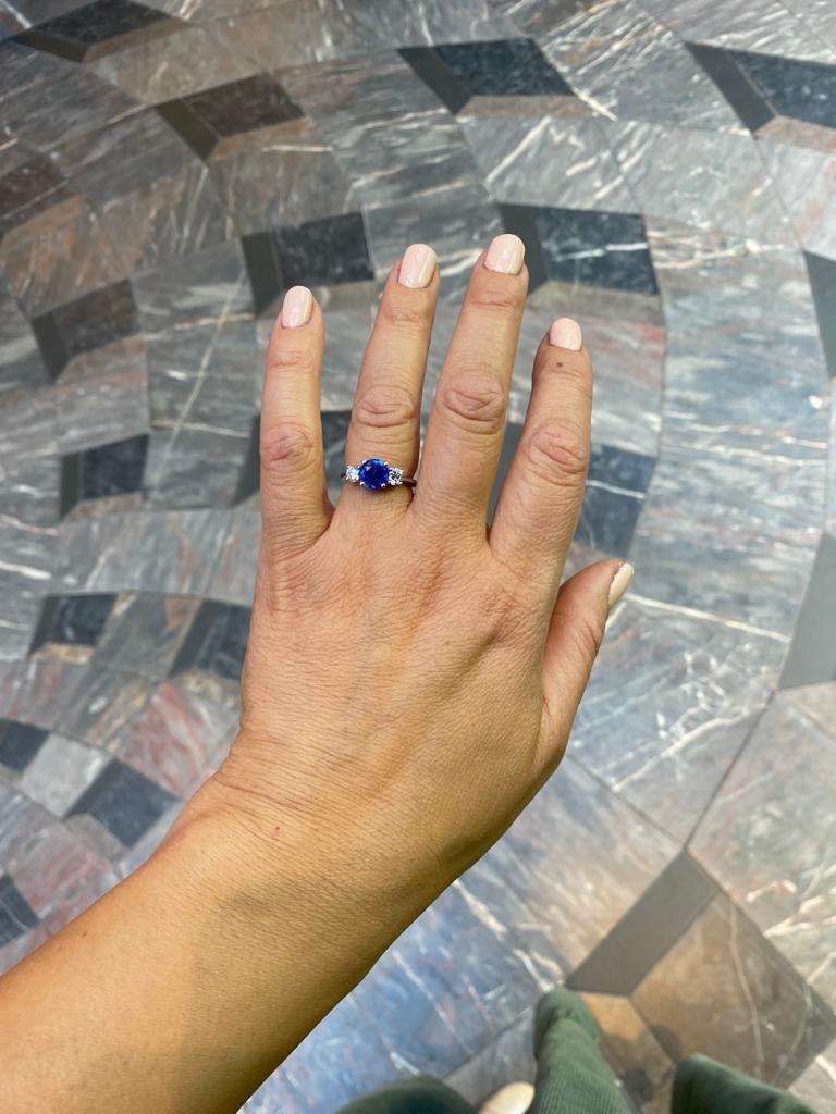 1.84 Carat Kashmir Sapphire and Diamond Three Stone Platinum Engagement Ring For Sale 2