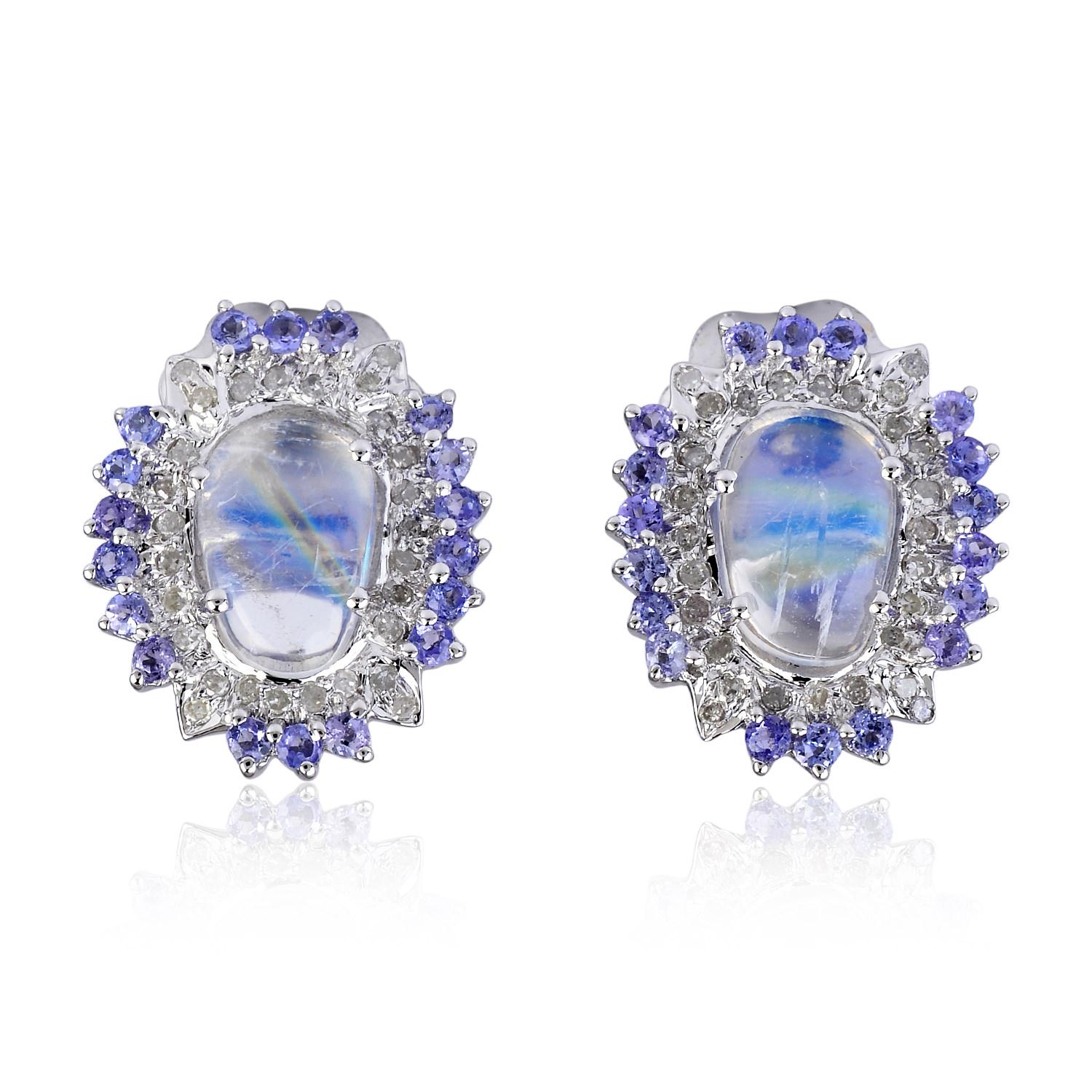 Cabochon 1.84 Carat Moonstone Tanzanite Diamond Stud Earrings For Sale