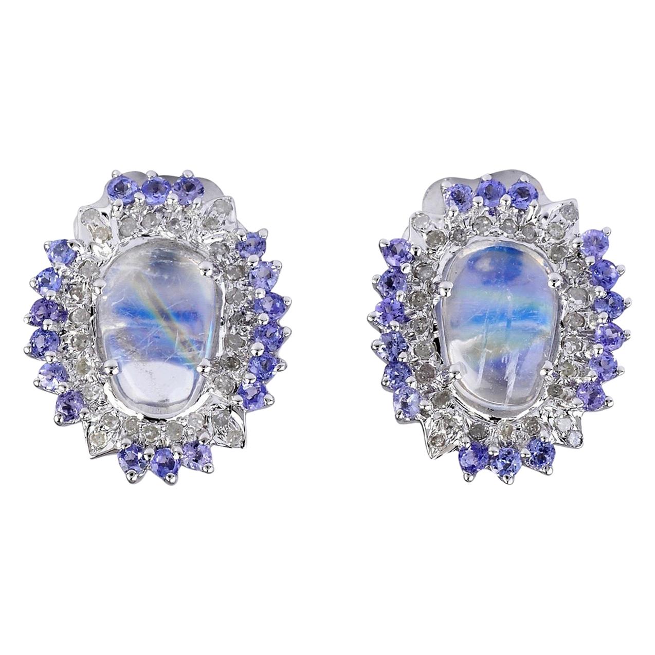 1.84 Carat Moonstone Tanzanite Diamond Stud Earrings For Sale