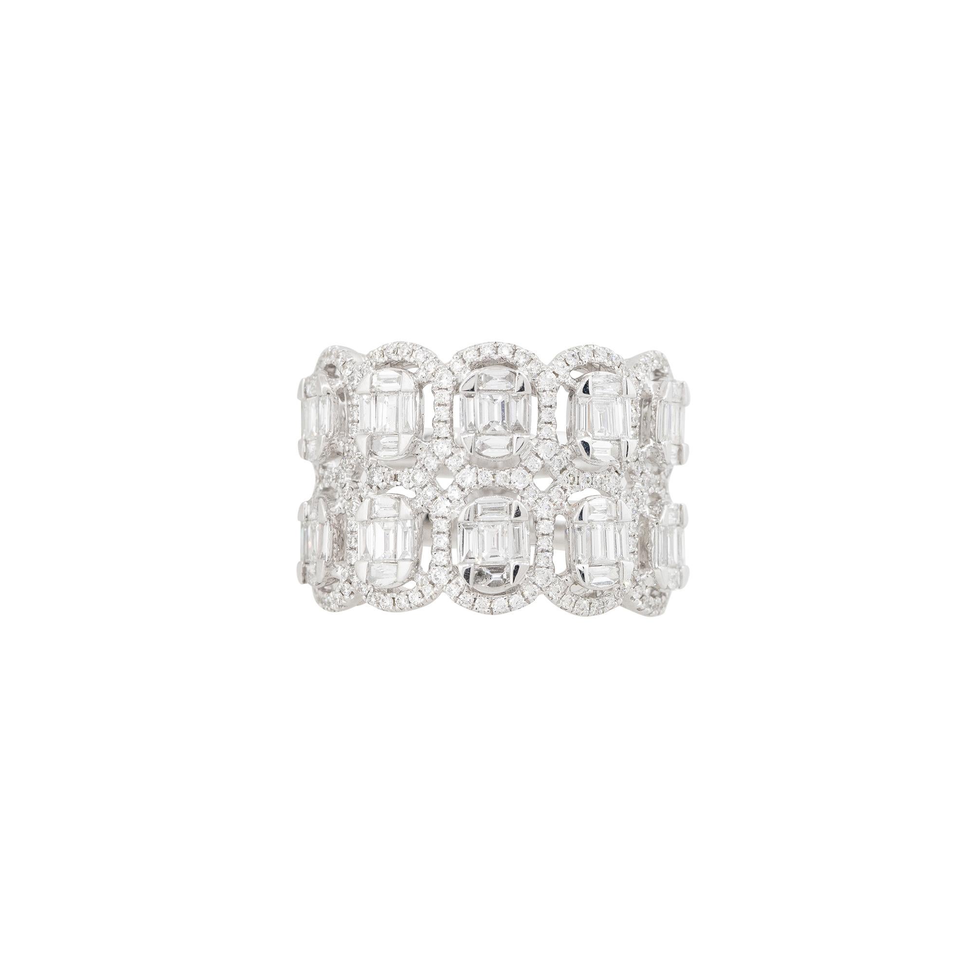 18k White Gold 1.84ctw Mosaic Diamond Double Row 5 Station Ring

Product: Wide Double Row 5-Station Diamond Band
Material: 18k White Gold
Diamond Details: There are approximately 1.84 carats of Baguette and Round Brilliant cut diamonds. There are