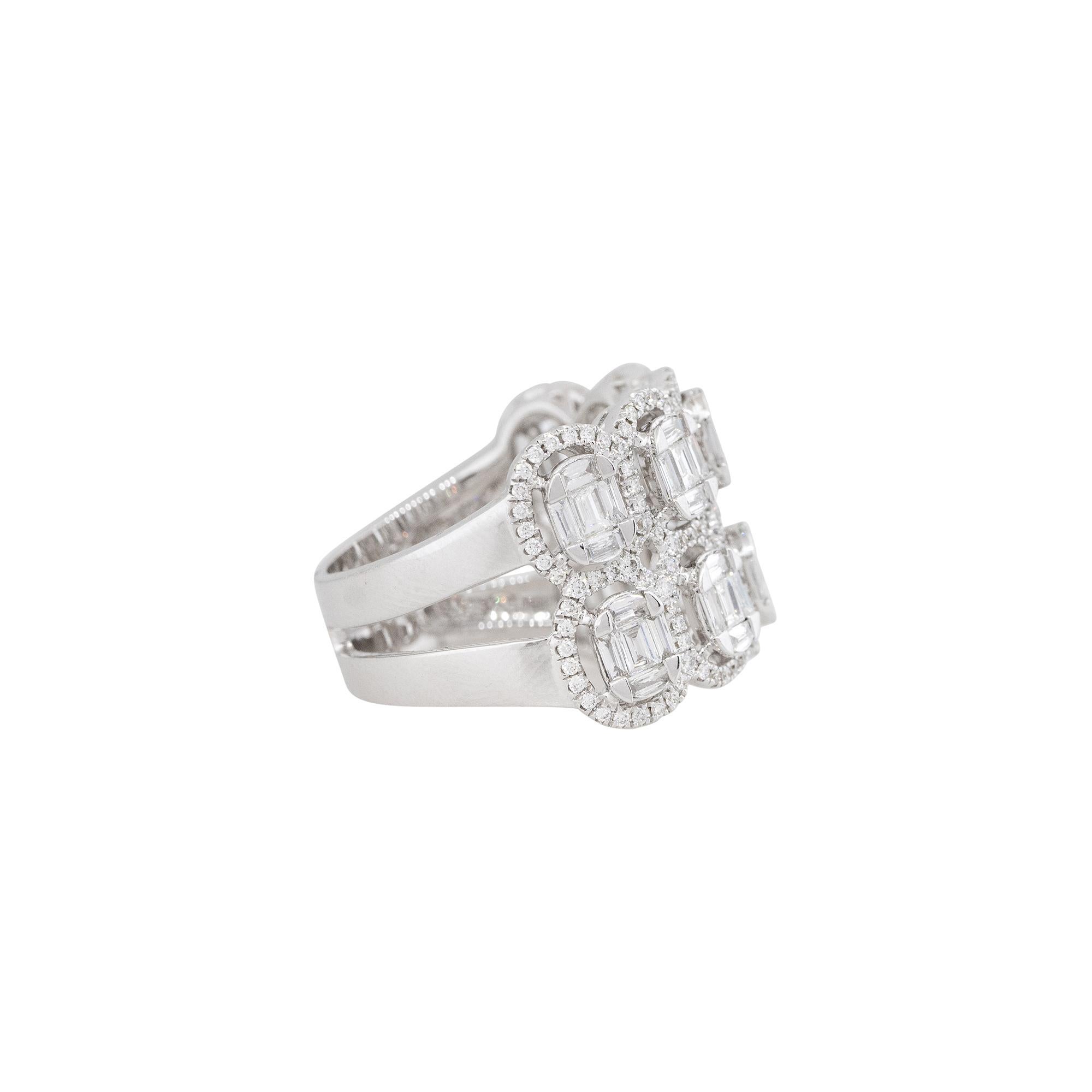 Baguette Cut 1.84 Carat Mosaic Diamond Double Row 5 Station Ring 18 Karat In Stock For Sale
