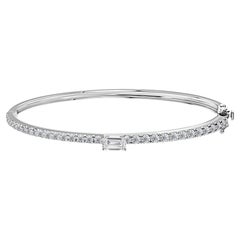 1.84 Carat Natural Round & Emerald-Cut Diamond Bangle Bracelet 18K White Gold
