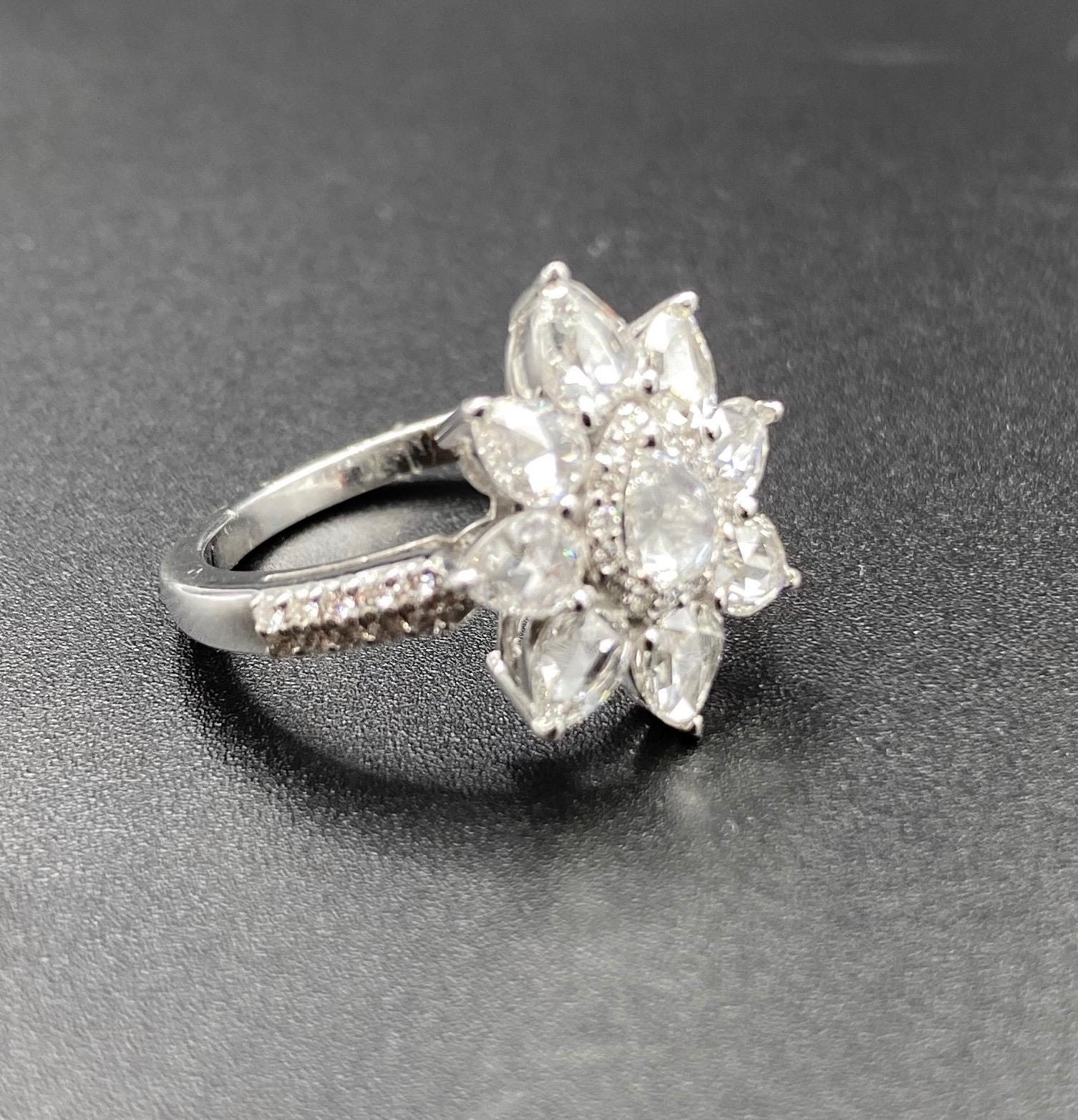 1.84 Carat Pear Shaped Rose Cut Diamond Ring with Round Brilliant Diamonds, 18K 1