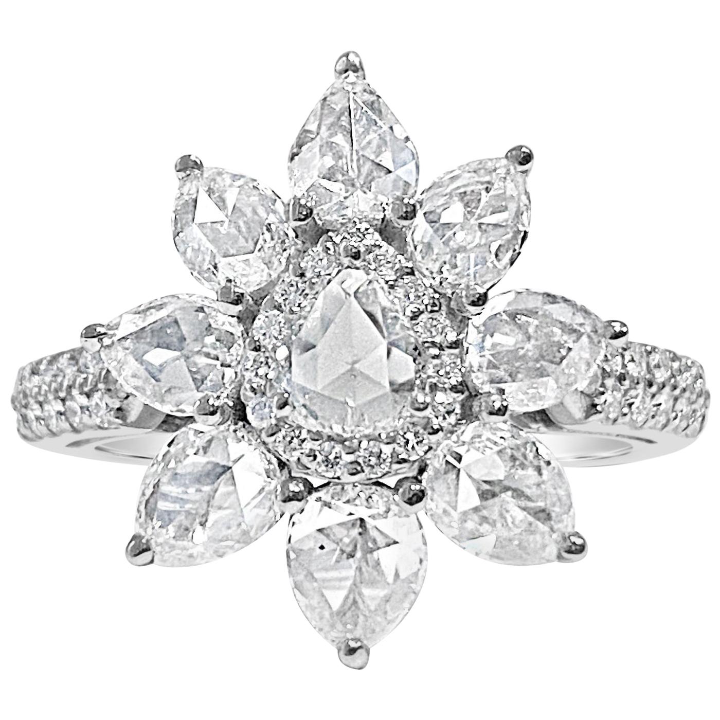 1.84 Carat Pear Shaped Rose Cut Diamond Ring with Round Brilliant Diamonds, 18K