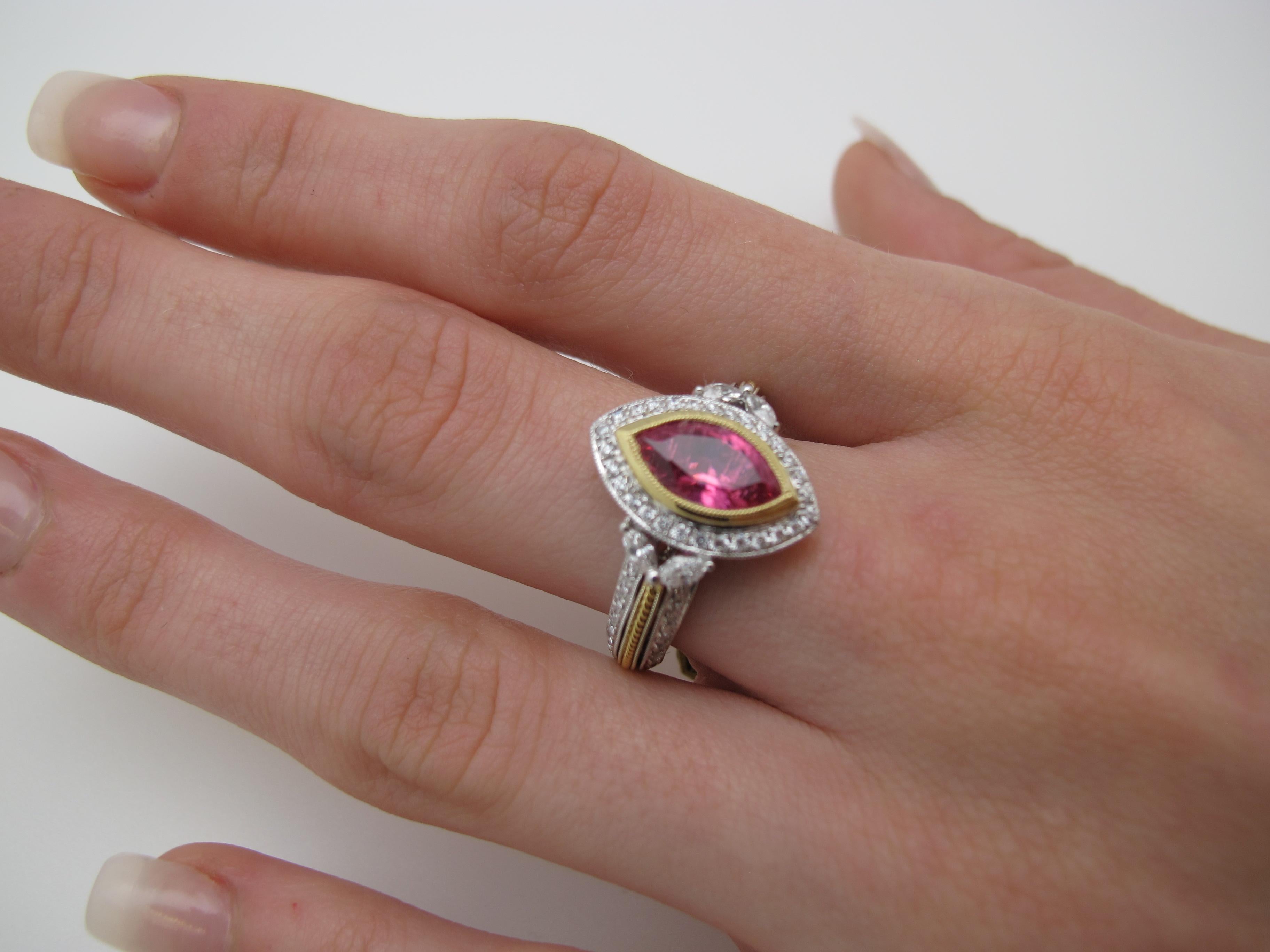 1.84 Carat Pink Spinel Marquise Diamond White Yellow Gold Cocktail Ring 3