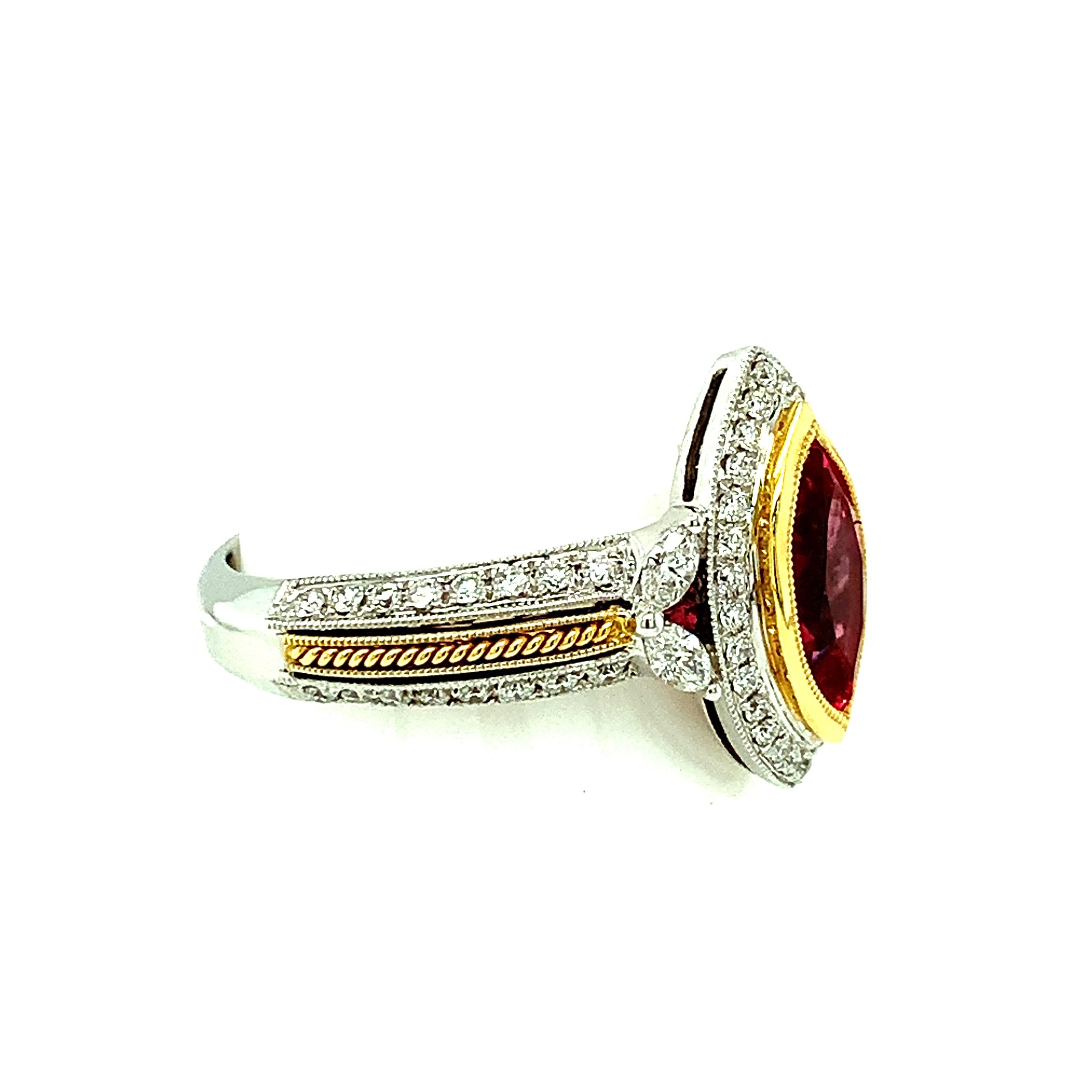 Marquise Cut 1.84 Carat Pink Spinel Marquise Diamond White Yellow Gold Cocktail Ring